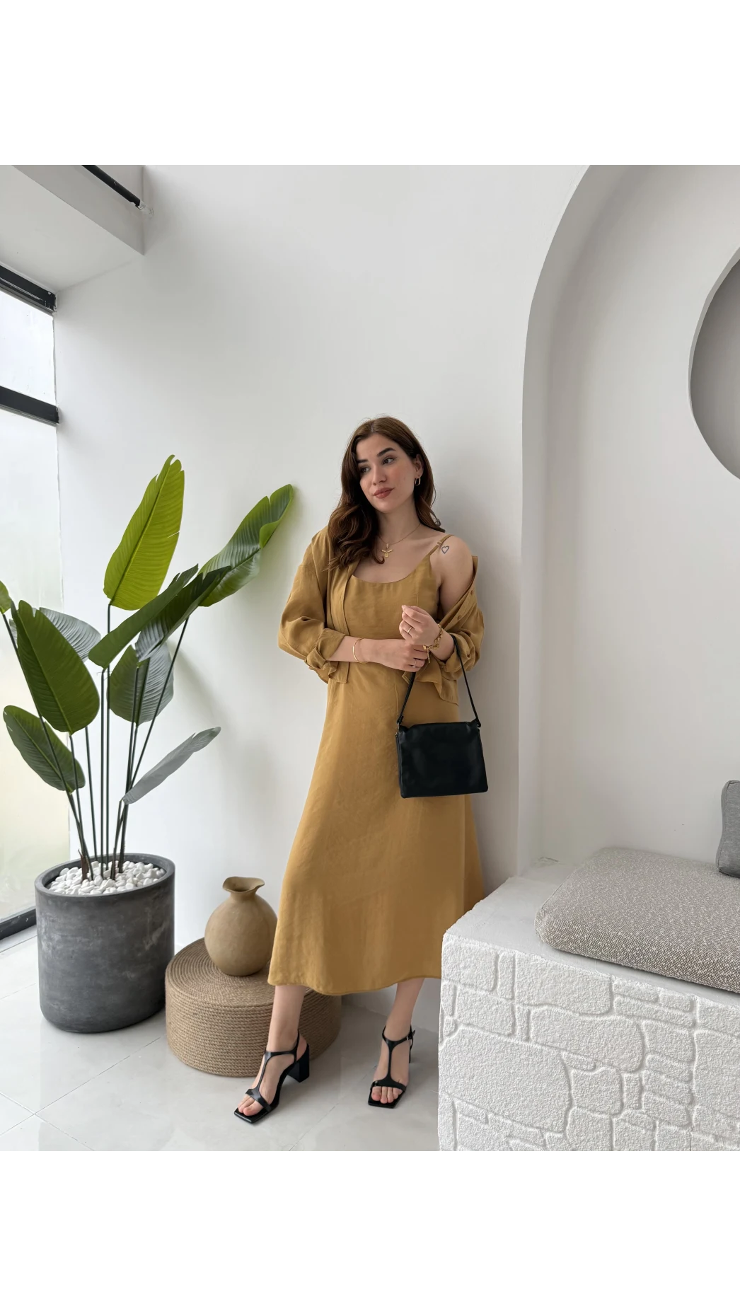 Askılı Gömlek Elbise Takım - 51153 - Safran