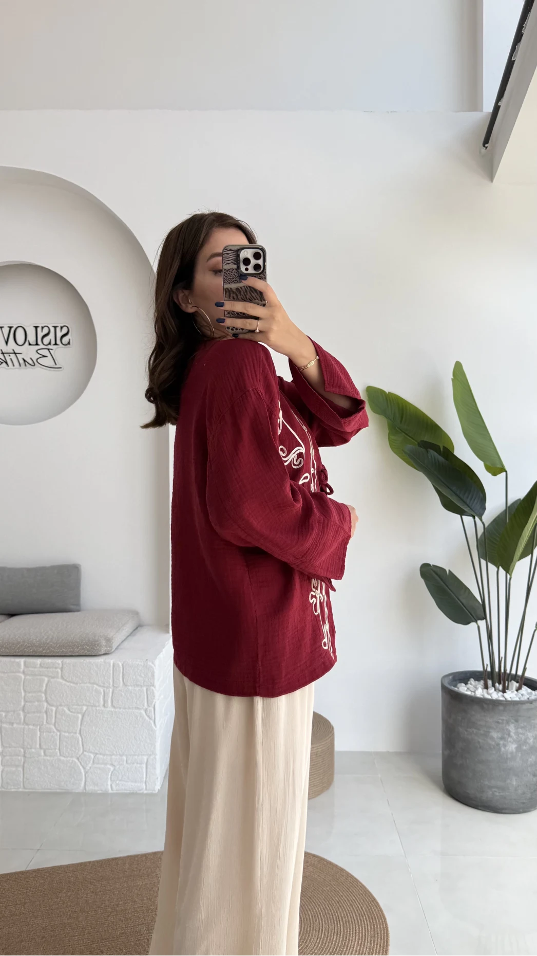 Granny İşlemeli Bordo Kimono - 7009