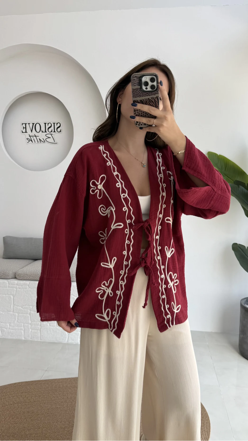 Granny İşlemeli Bordo Kimono - 7009