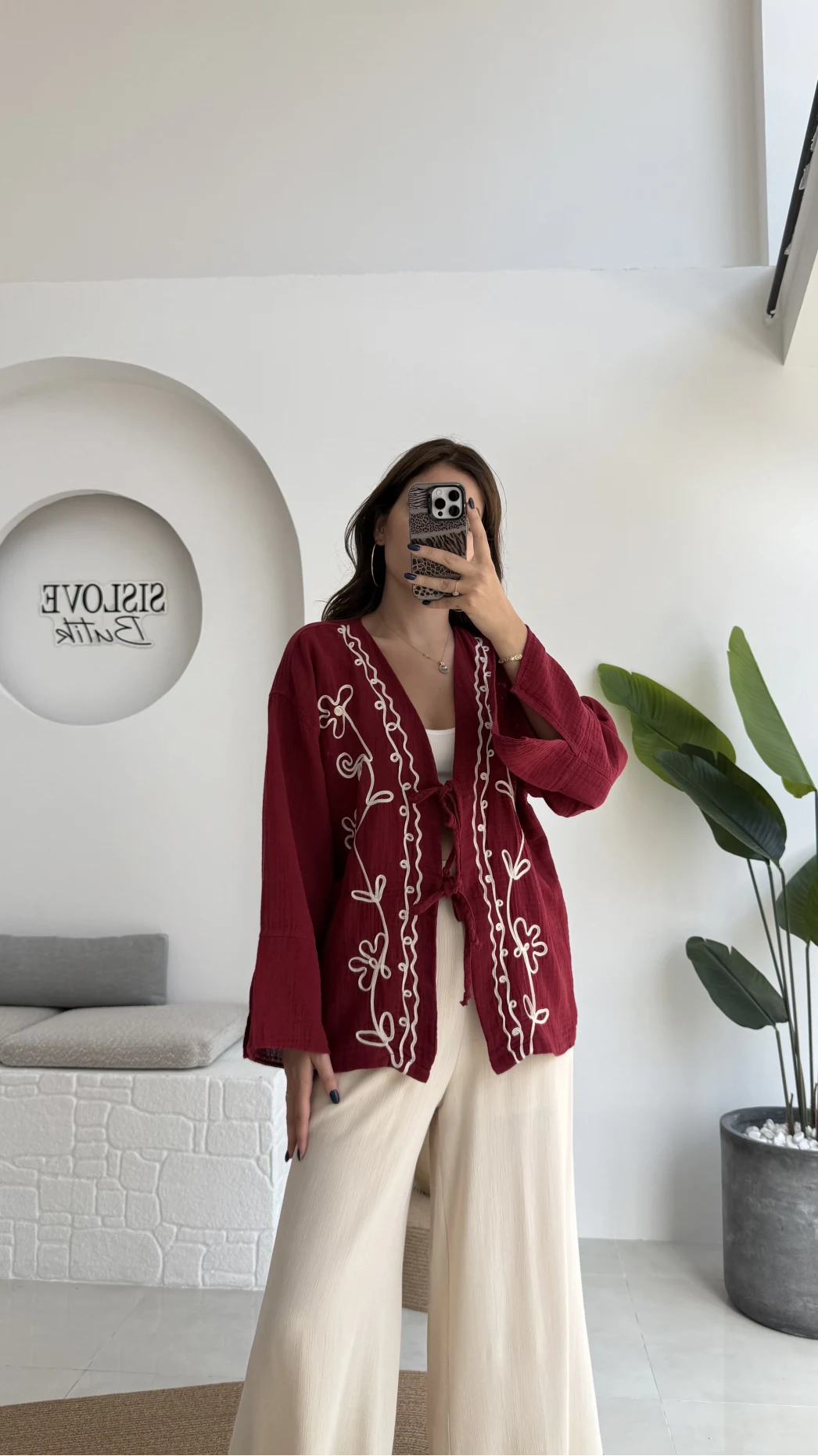 Granny İşlemeli Bordo Kimono - 7009