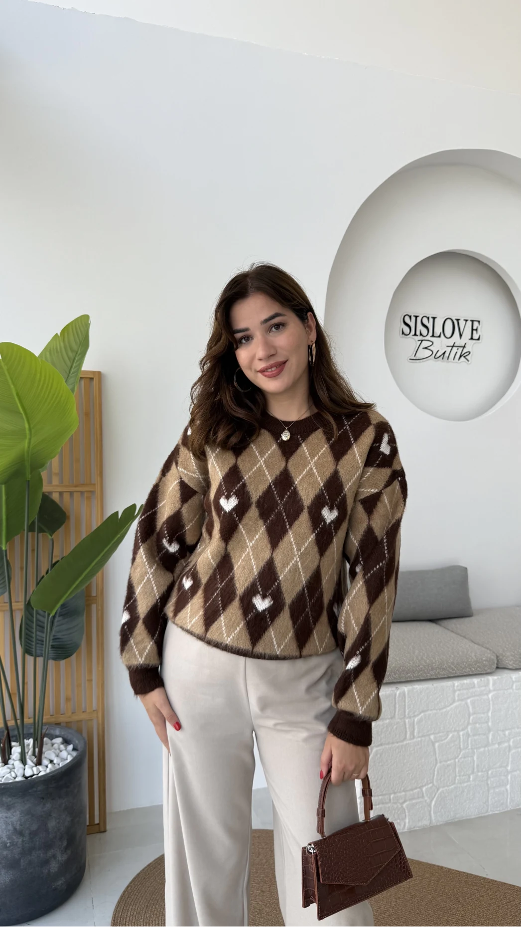 Gretta Kalp Detaylı Baklavalı Triko Kazak - Acı Kahve - Kod: 9032