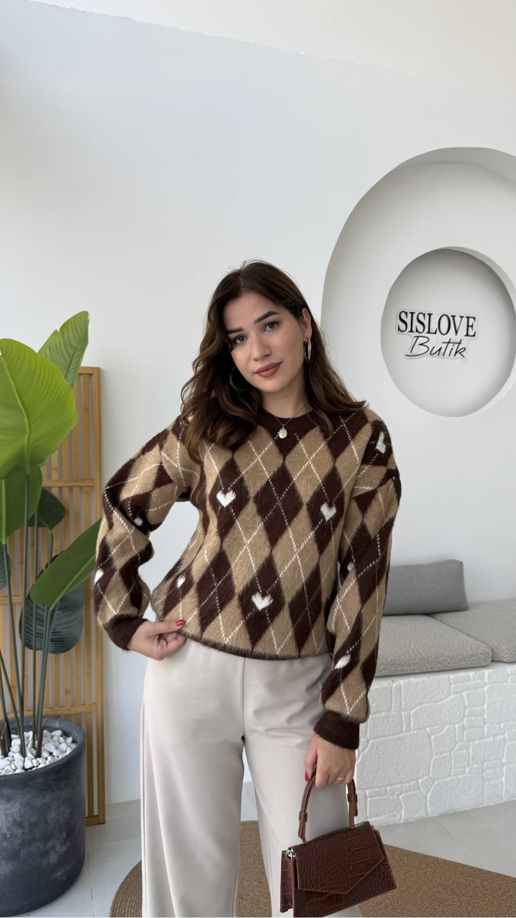 Gretta Kalp Detaylı Baklavalı Triko Kazak - Acı Kahve - Kod: 9032