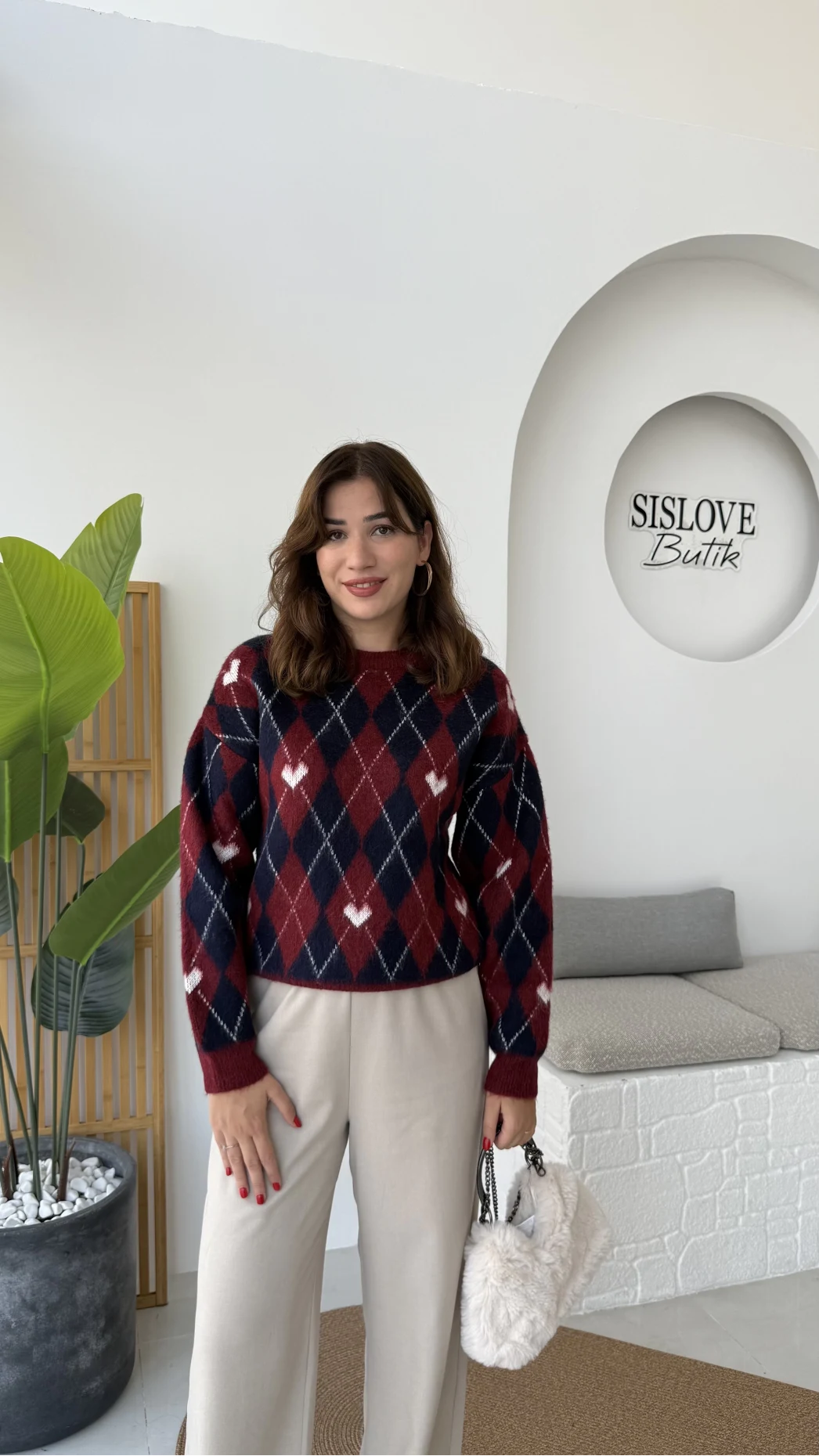 Gretta Kalp Detaylı Baklavalı Triko Kazak - Bordo Lacivert - Kod: 9032