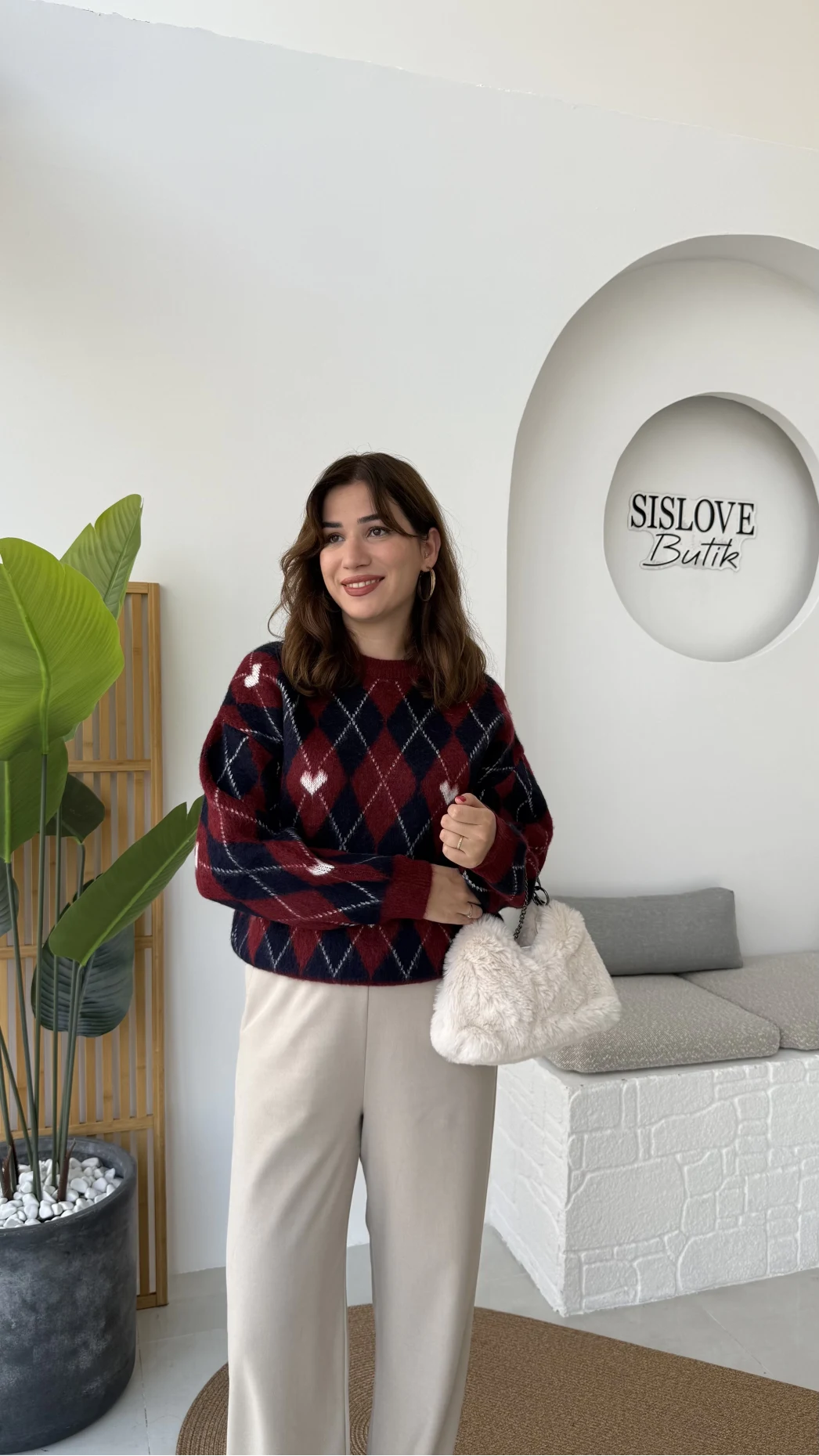 Gretta Kalp Detaylı Baklavalı Triko Kazak - Bordo Lacivert - Kod: 9032