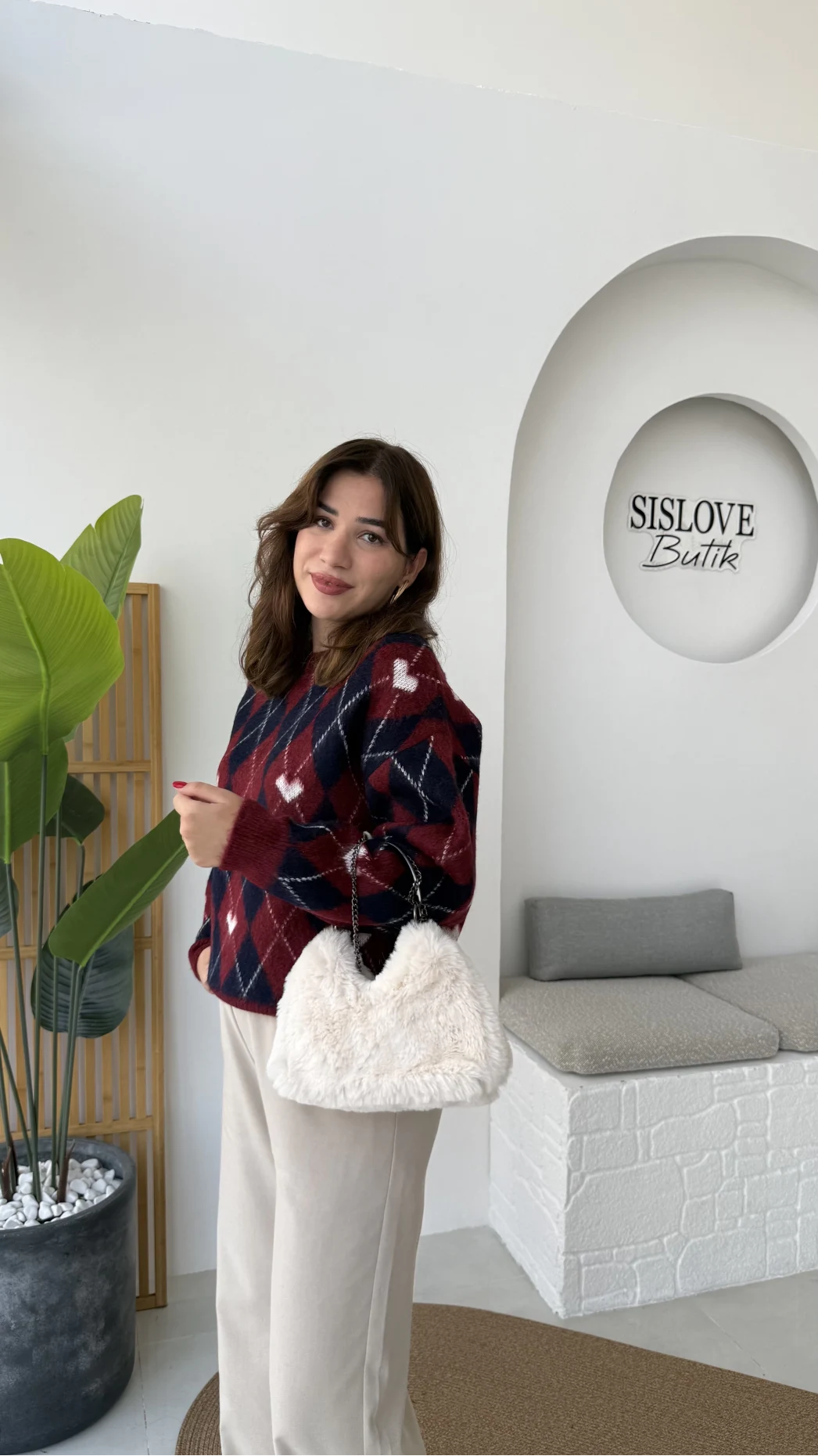 Gretta Kalp Detaylı Baklavalı Triko Kazak - Bordo Lacivert - Kod: 9032