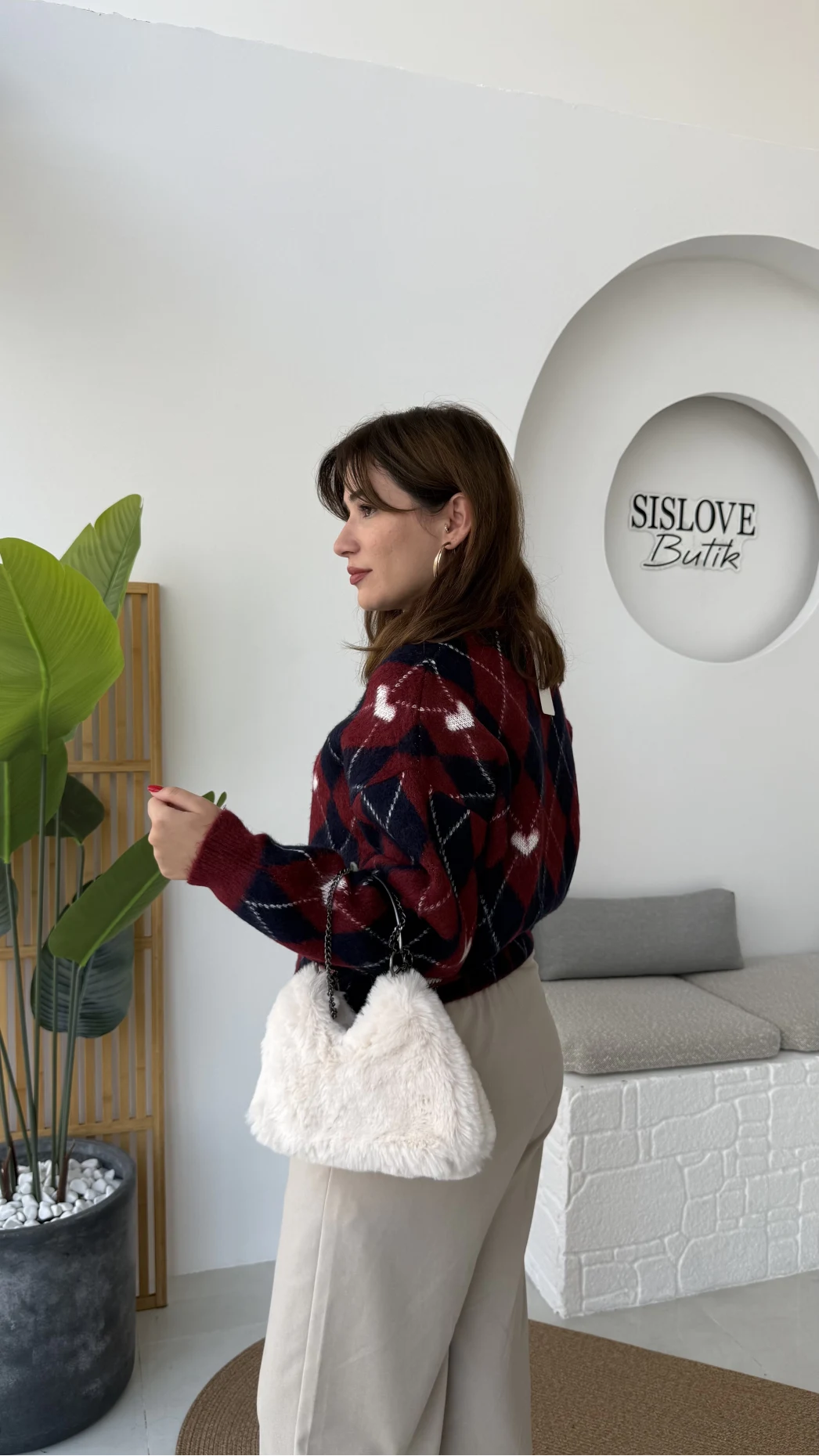 Gretta Kalp Detaylı Baklavalı Triko Kazak - Bordo Lacivert - Kod: 9032