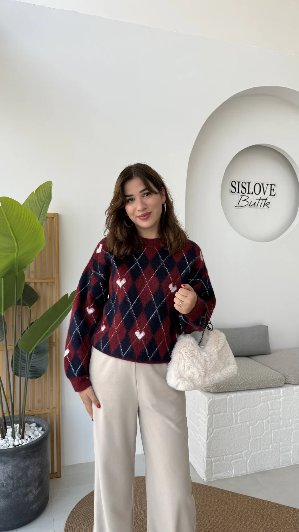 Gretta Kalp Detaylı Baklavalı Triko Kazak - Bordo Lacivert - Kod: 9032