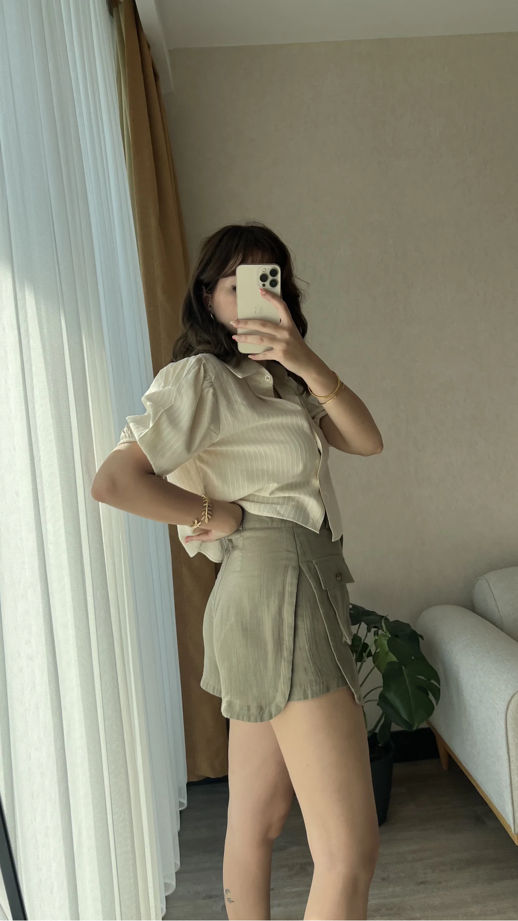 Haki Müslin Keten Karışımlı Şort