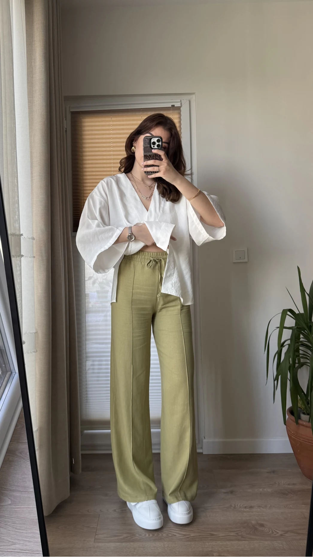 Haki Palazzo Keten Pantolon