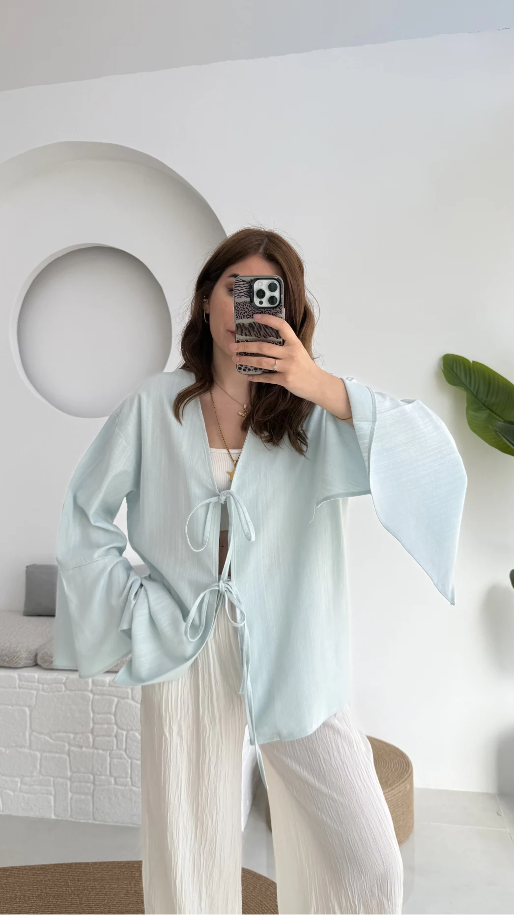 Happyi Kimono Bağlamalı Keten Bluz Bebe Mavisi