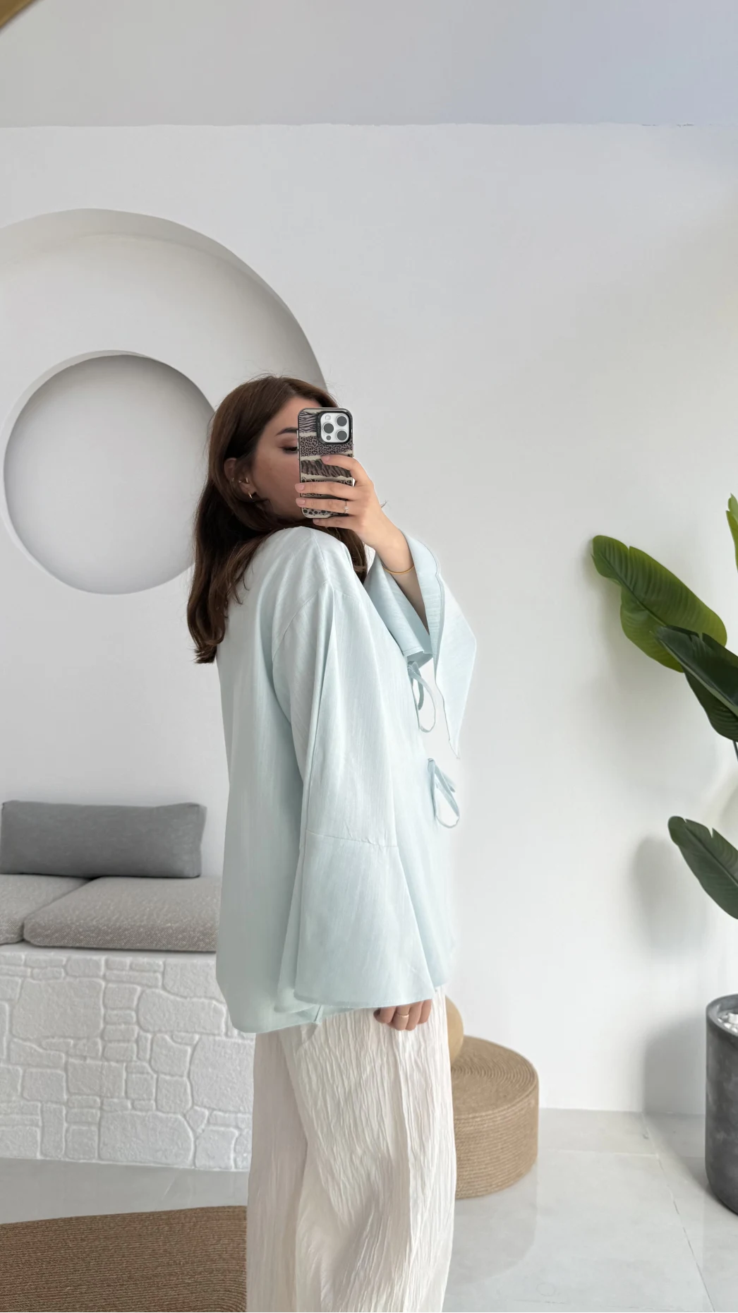 Happyi Kimono Bağlamalı Keten Bluz Bebe Mavisi