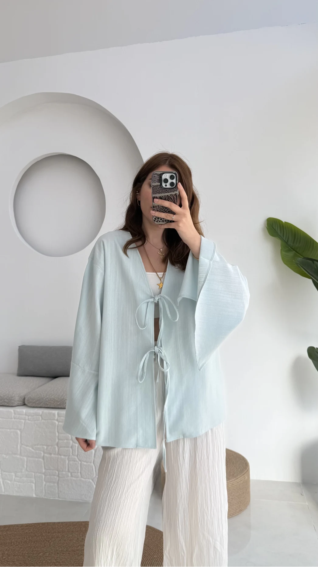 Happyi Kimono Bağlamalı Keten Bluz Bebe Mavisi