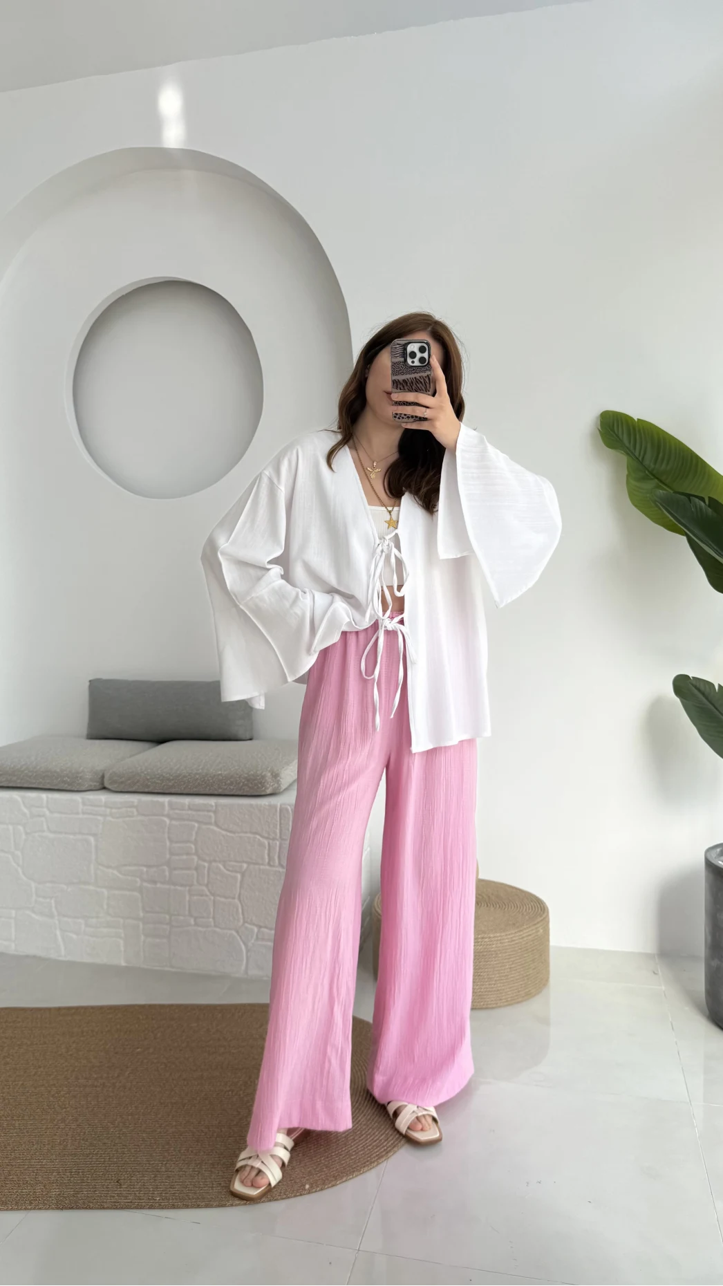 Happyi Bağlamalı Keten Bluz Beyaz