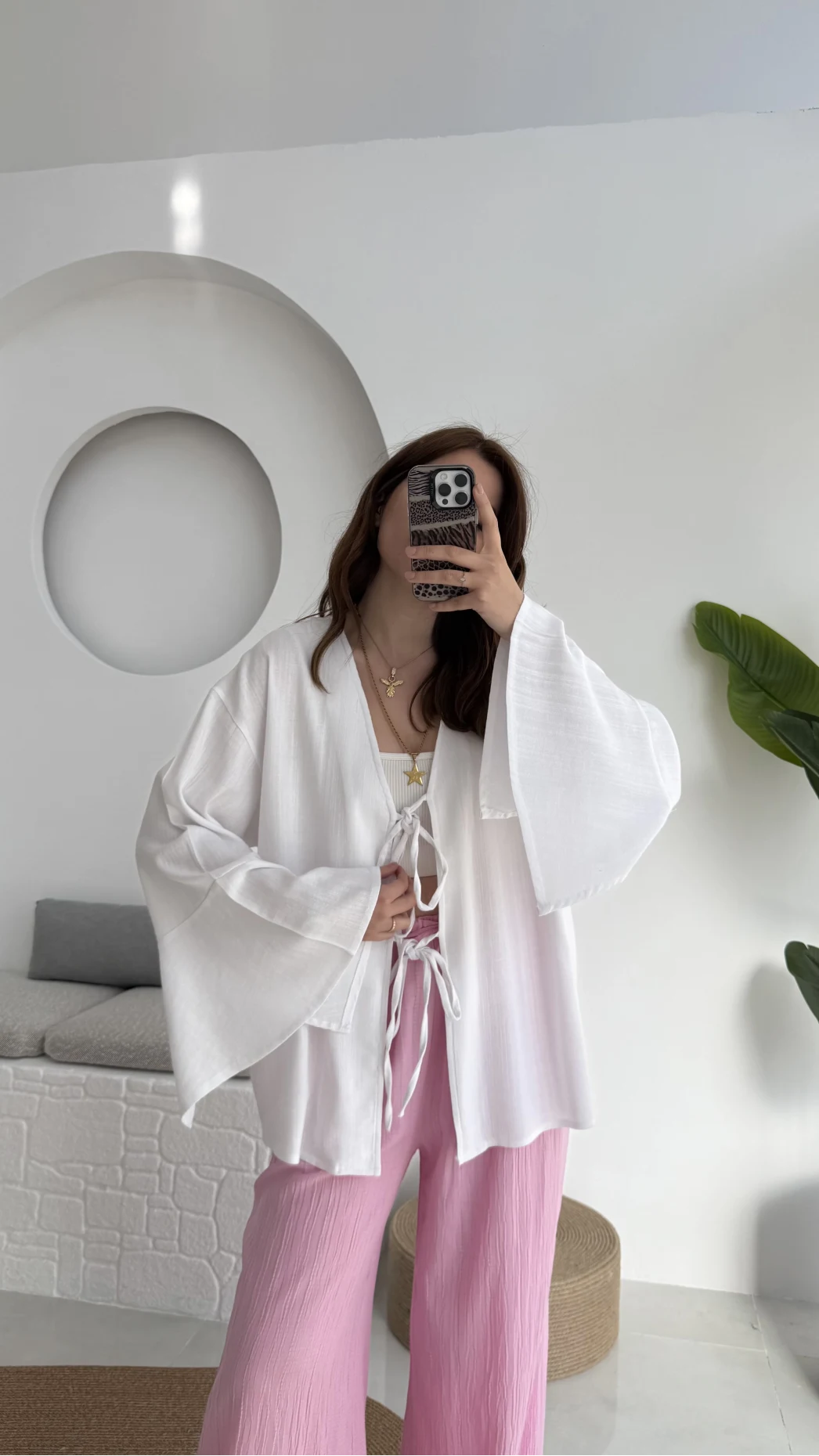 Happyi Bağlamalı Keten Bluz Beyaz