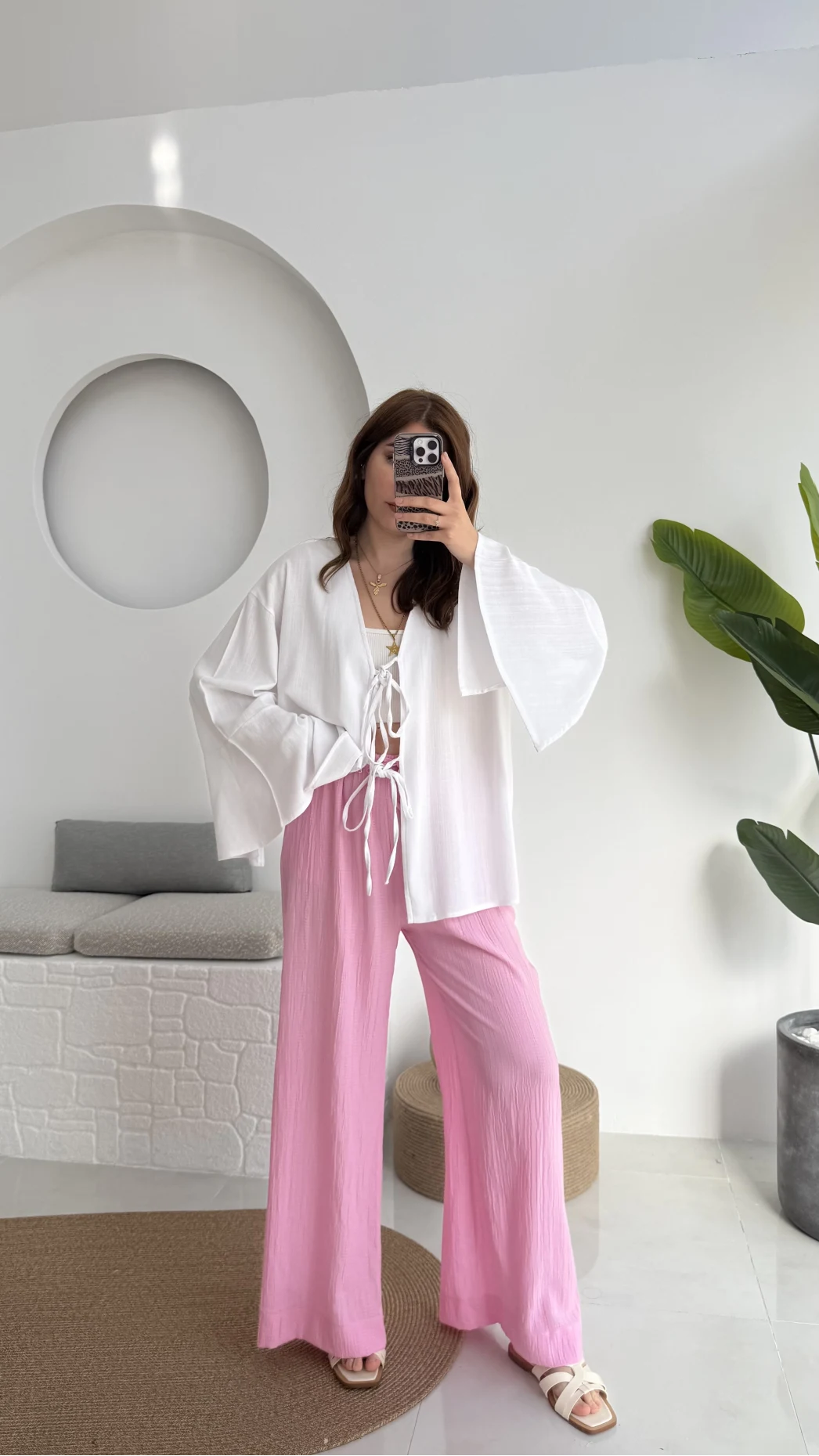 Happyi Bağlamalı Keten Bluz Beyaz