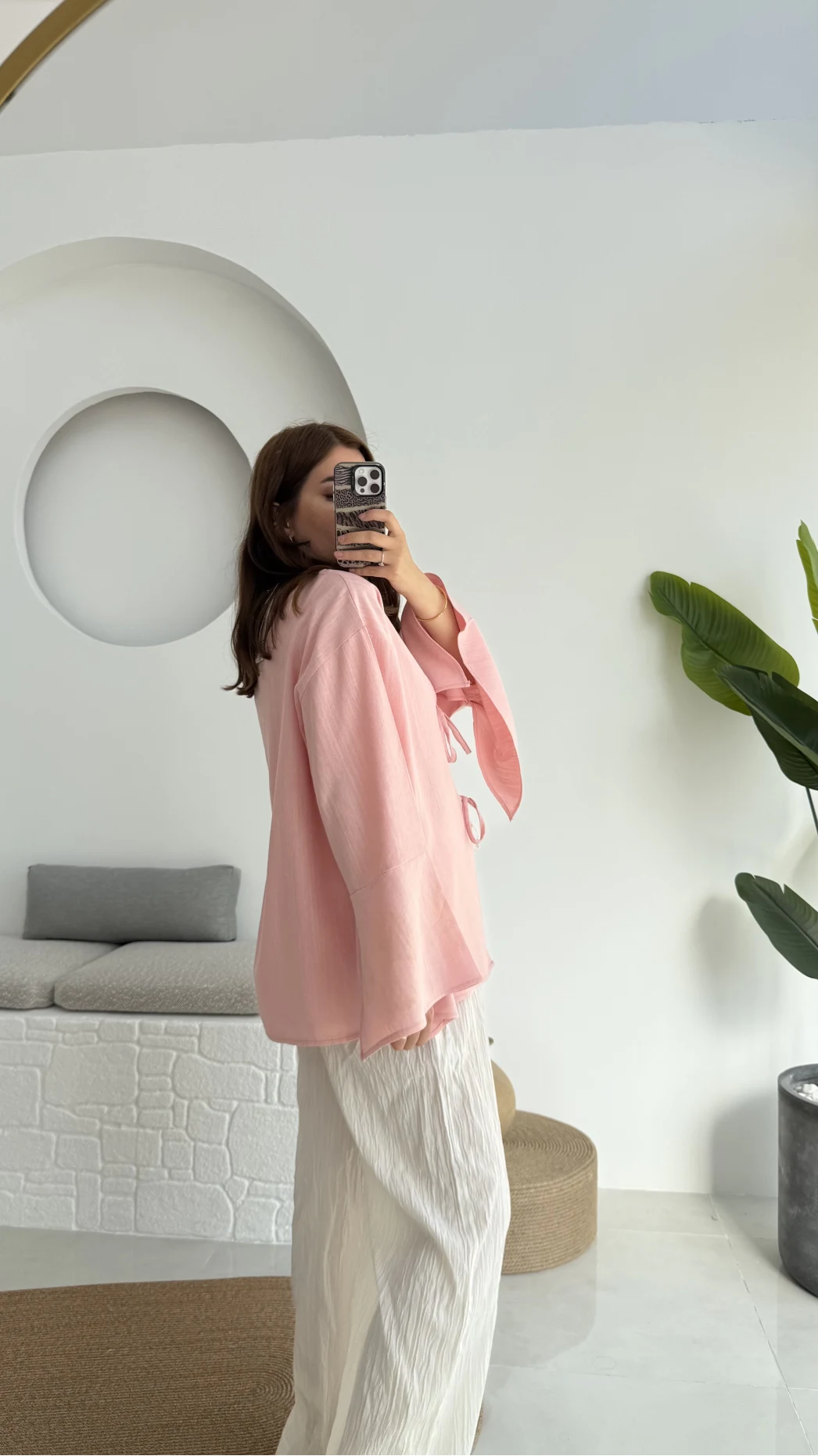 Happyi Kimono Bağlamalı Keten Bluz Pembe