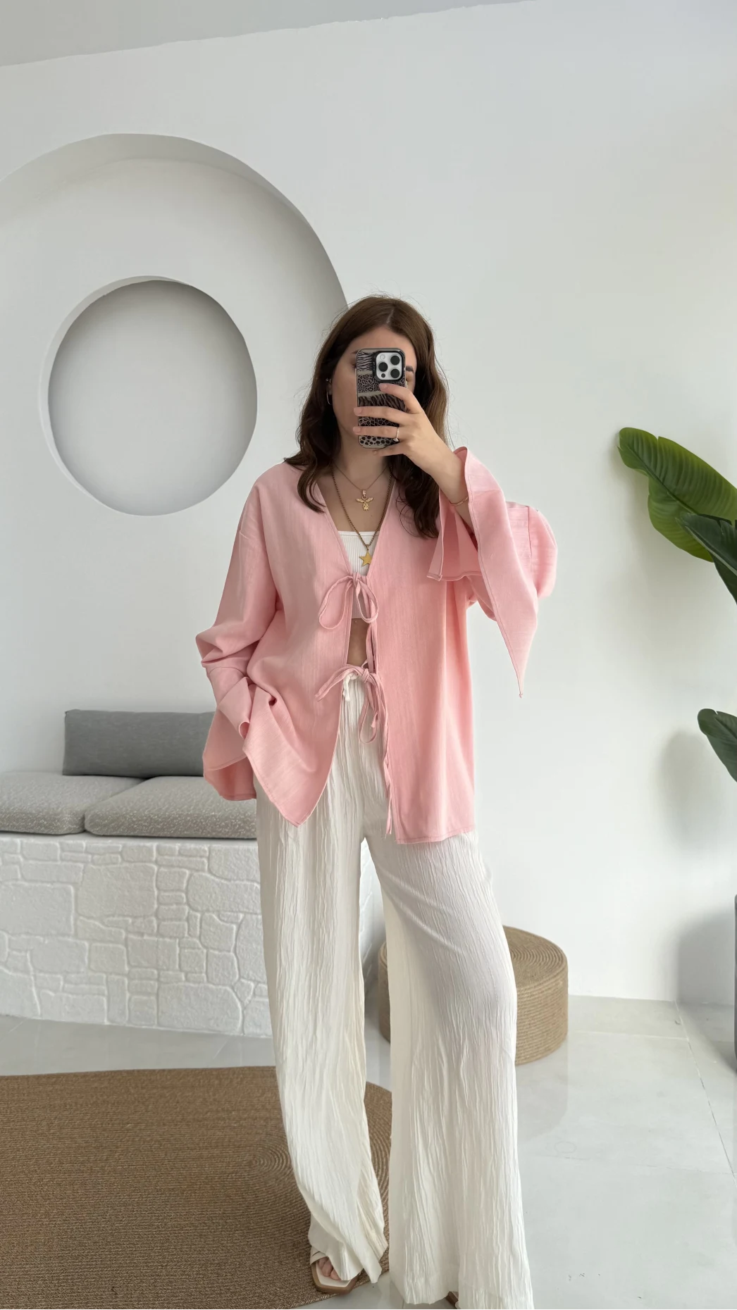 Happyi Kimono Bağlamalı Keten Bluz Pembe