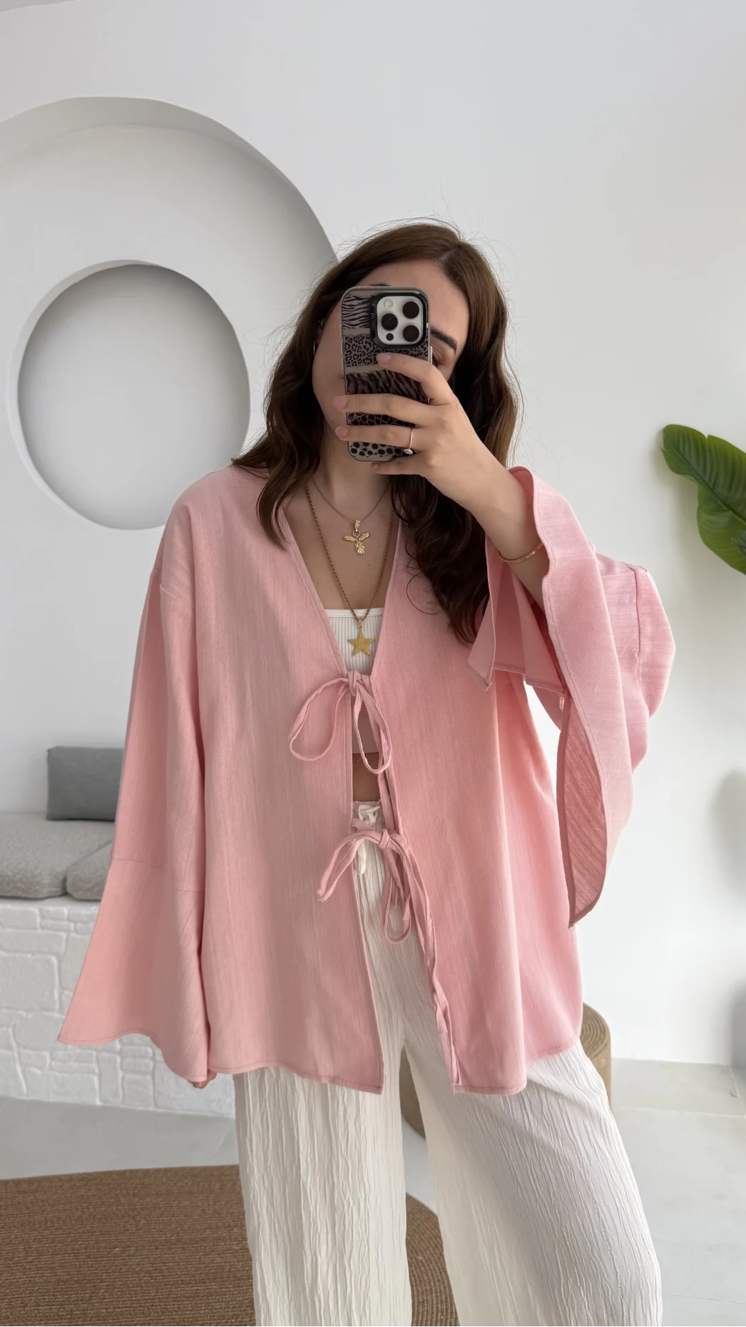 Happyi Kimono Bağlamalı Keten Bluz Pembe