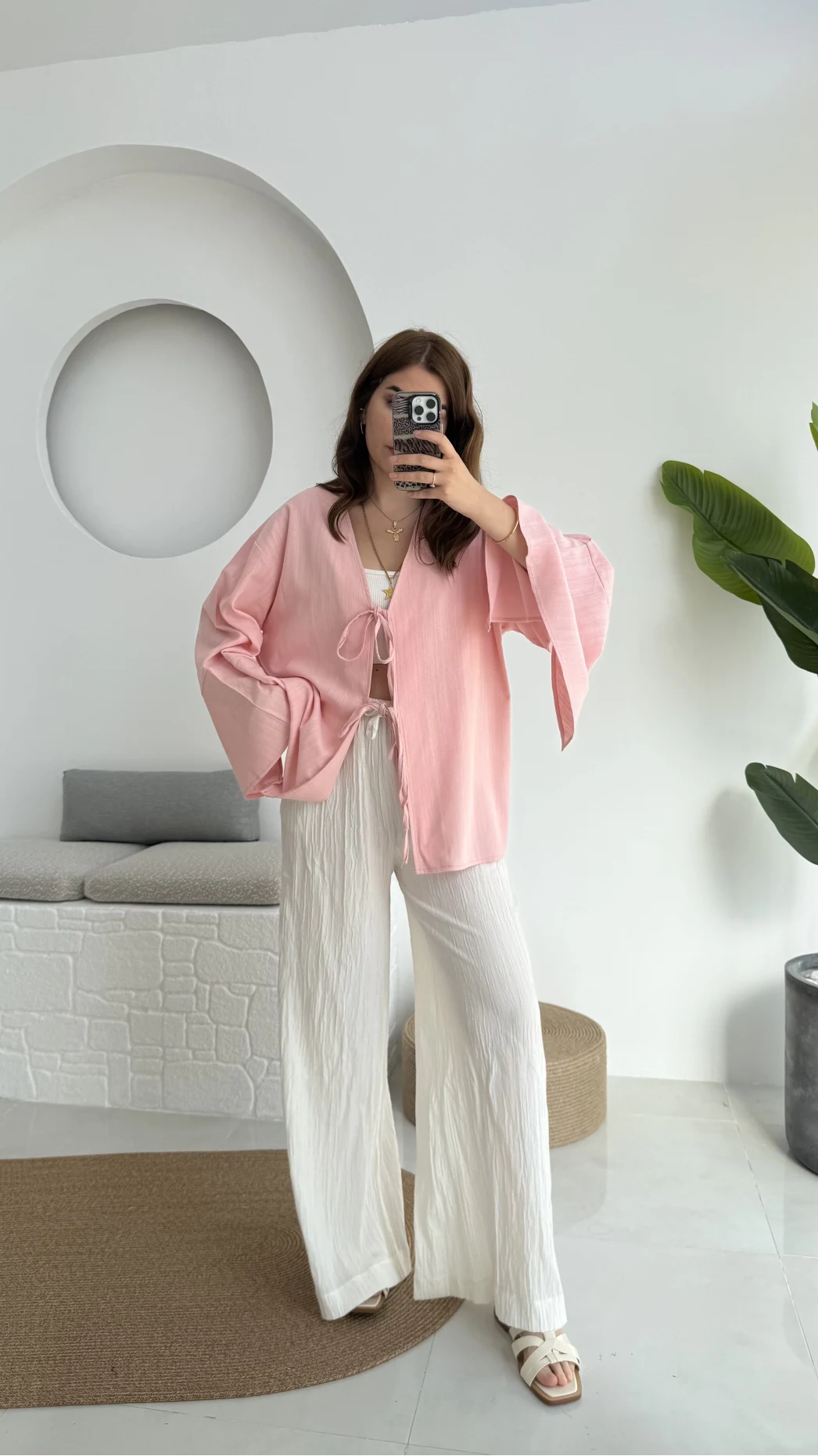 Happyi Kimono Bağlamalı Keten Bluz Pembe