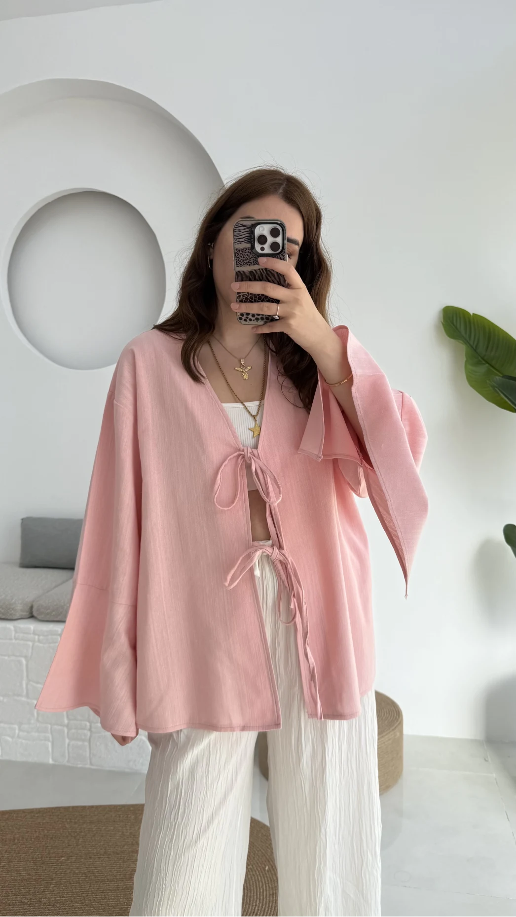 Happyi Kimono Bağlamalı Keten Bluz Pembe
