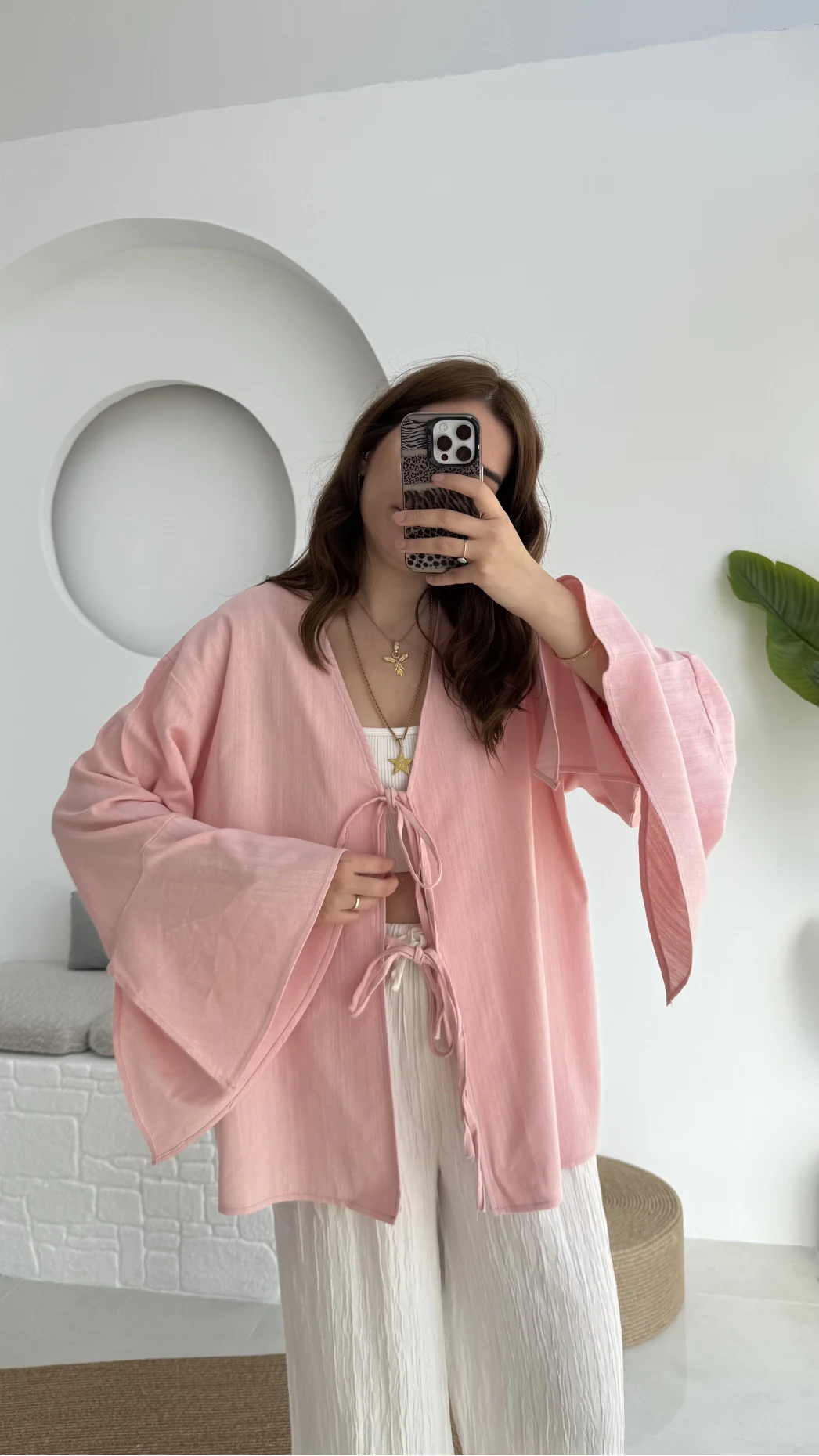 Happyi Kimono Bağlamalı Keten Bluz Pembe