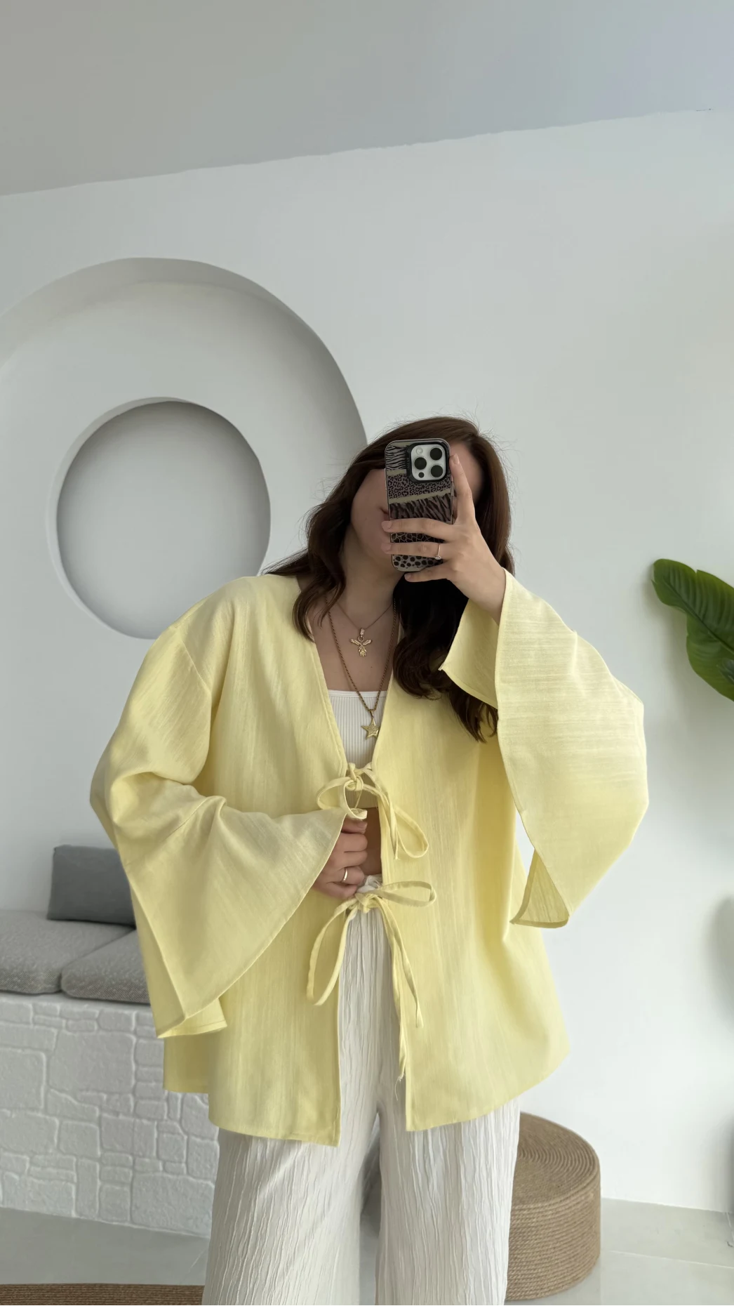 Happyi Kimono Bağlamalı Keten Bluz Sarı