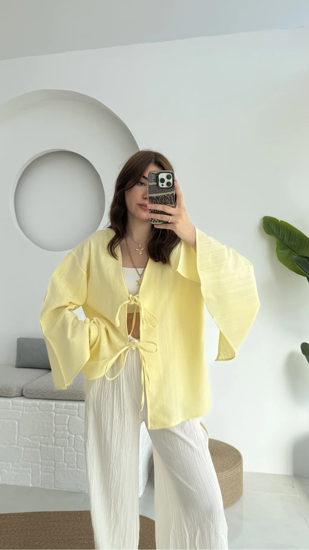 Happyi Kimono Bağlamalı Keten Bluz Sarı