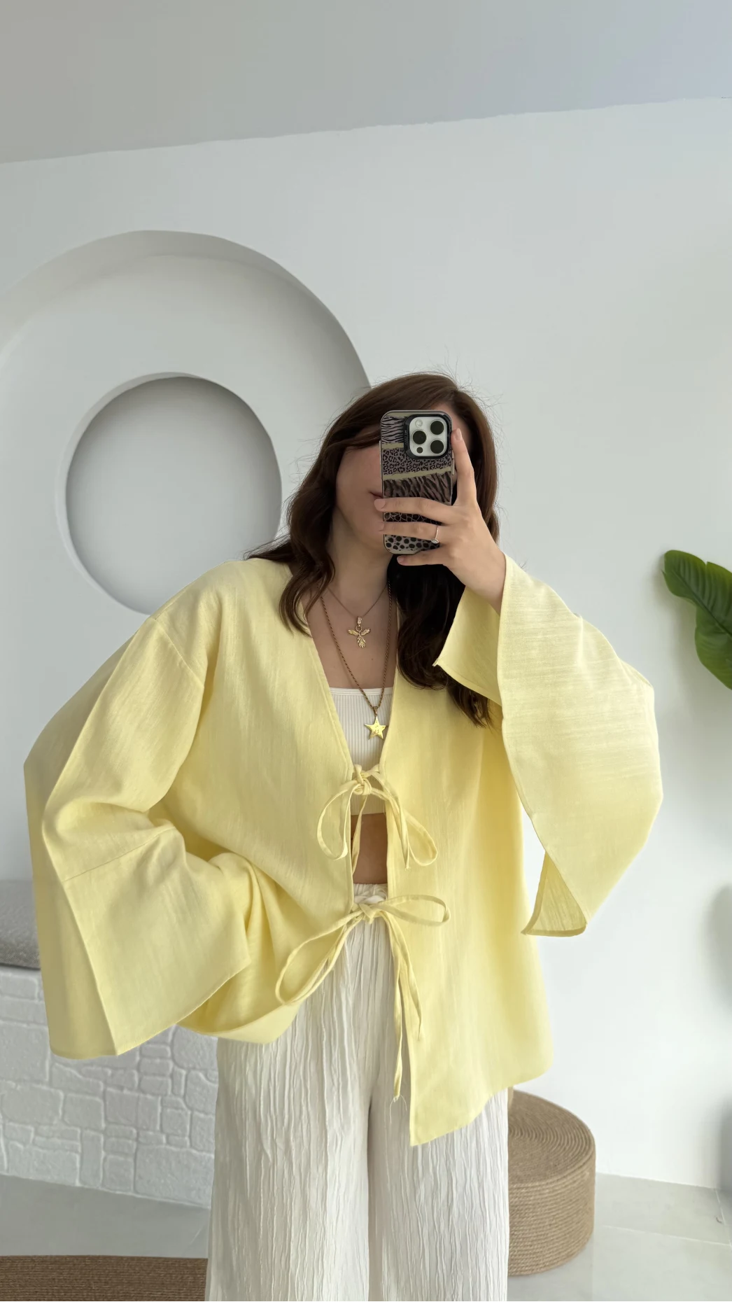 Happyi Kimono Bağlamalı Keten Bluz Sarı