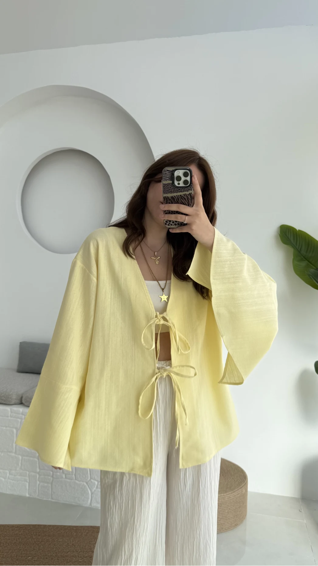 Happyi Kimono Bağlamalı Keten Bluz Sarı