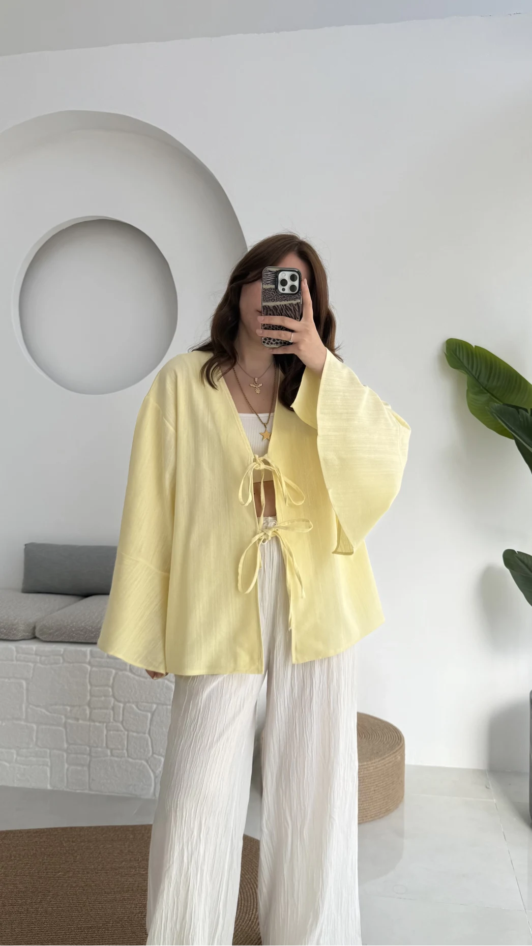 Happyi Kimono Bağlamalı Keten Bluz Sarı