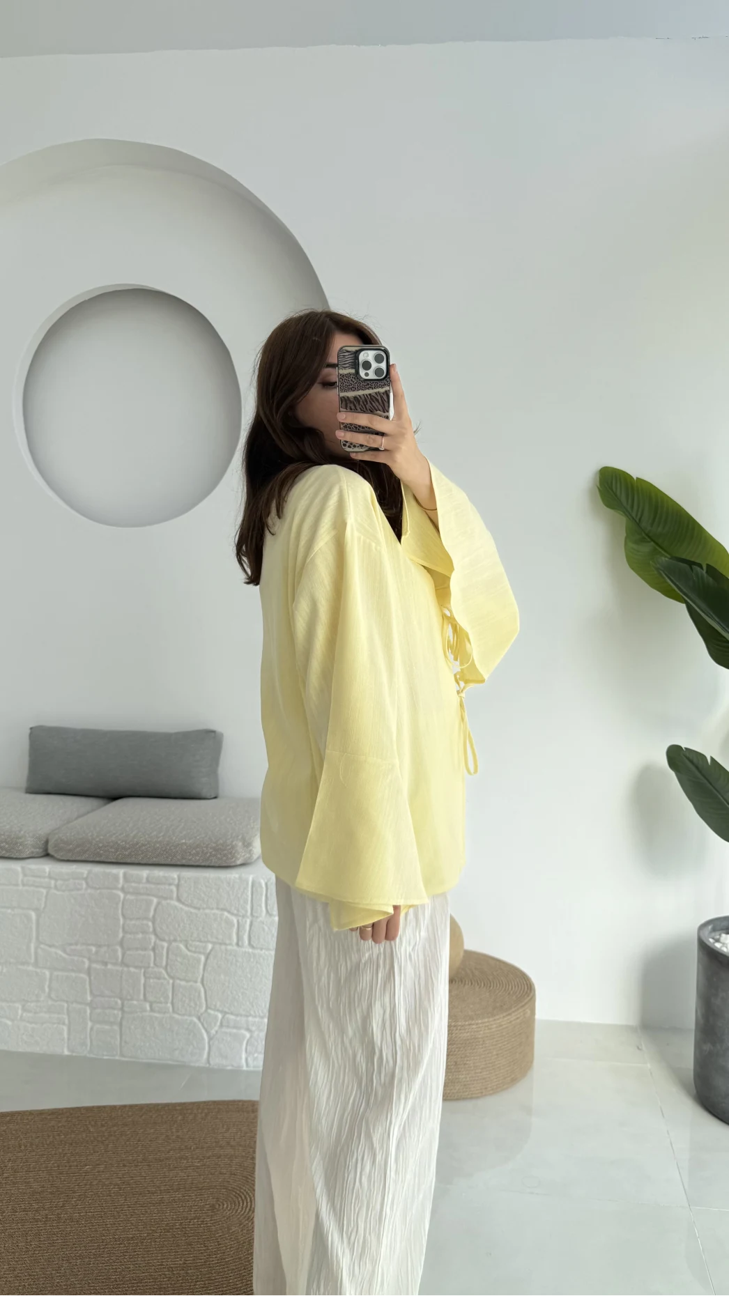 Happyi Kimono Bağlamalı Keten Bluz Sarı