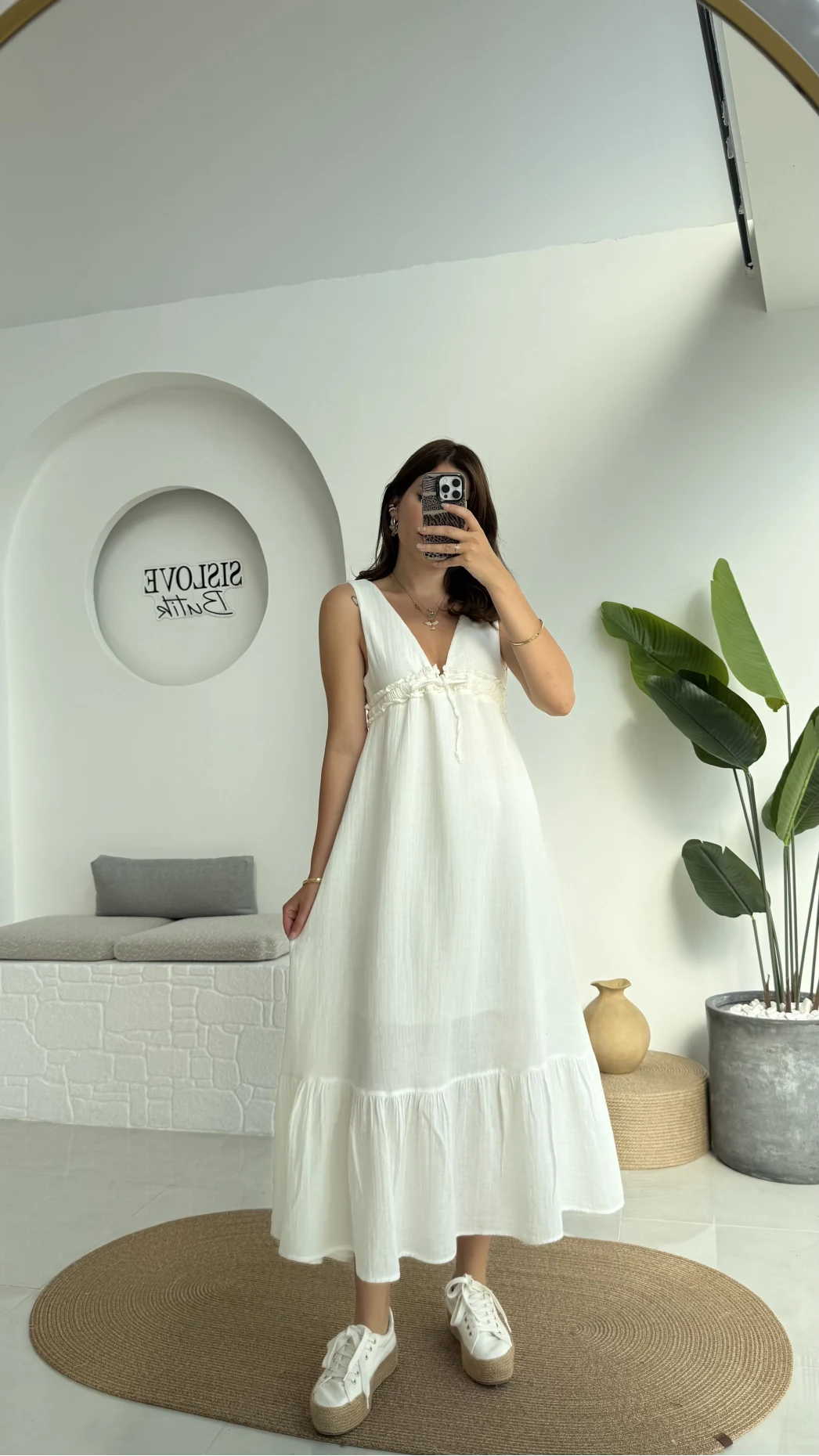 Hazel V Yaka Elbise - 3043 - Beyaz