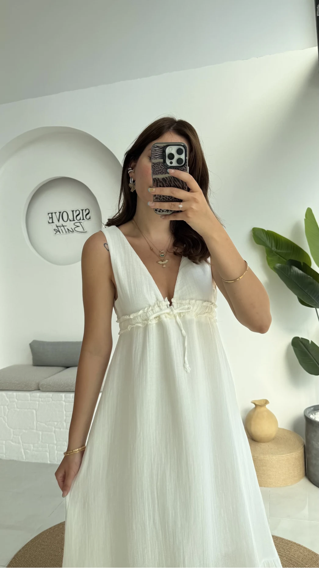 Hazel V Yaka Elbise - 3043 - Beyaz