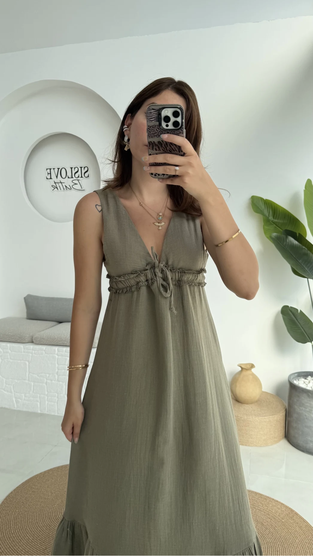 Hazel V Yaka Elbise - 3043 - Haki