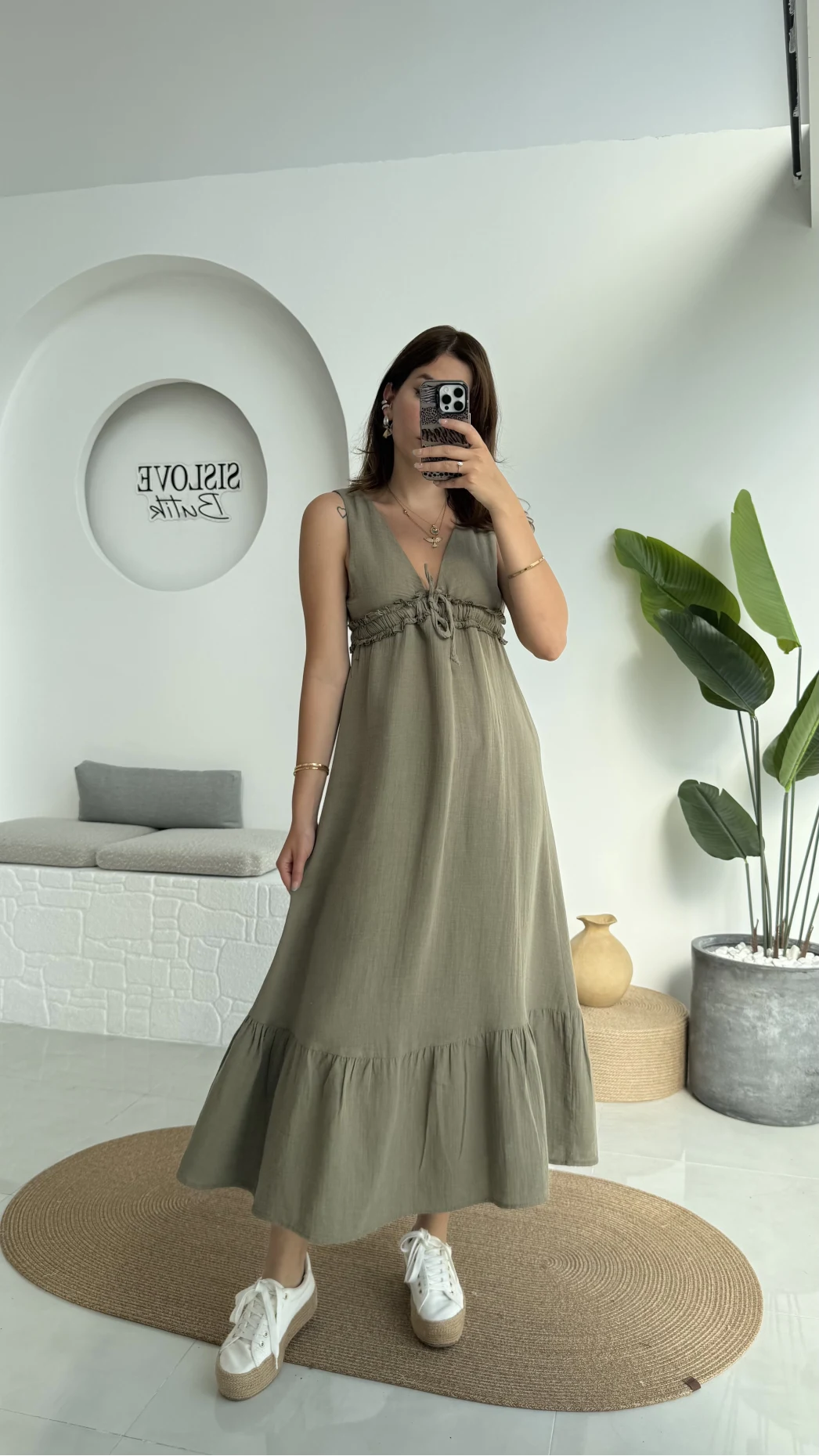 Hazel V Yaka Elbise - 3043 - Haki