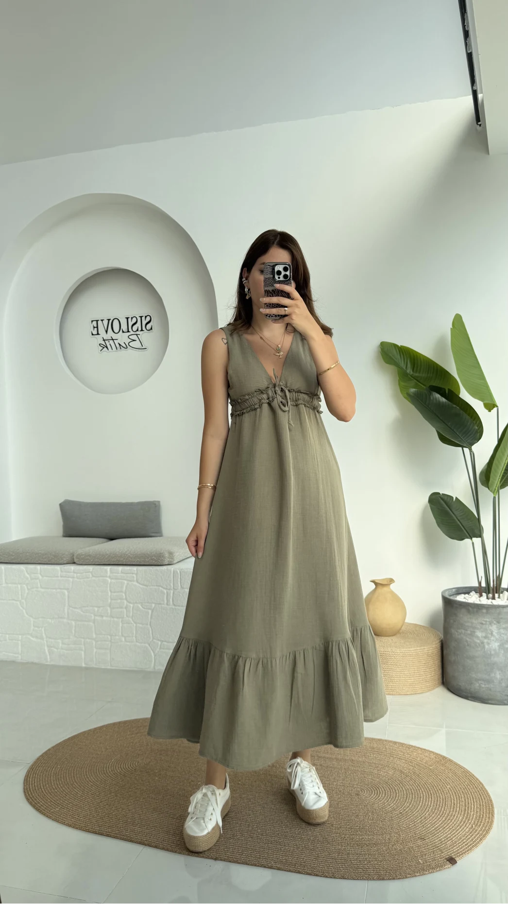 Hazel V Yaka Elbise - 3043 - Haki