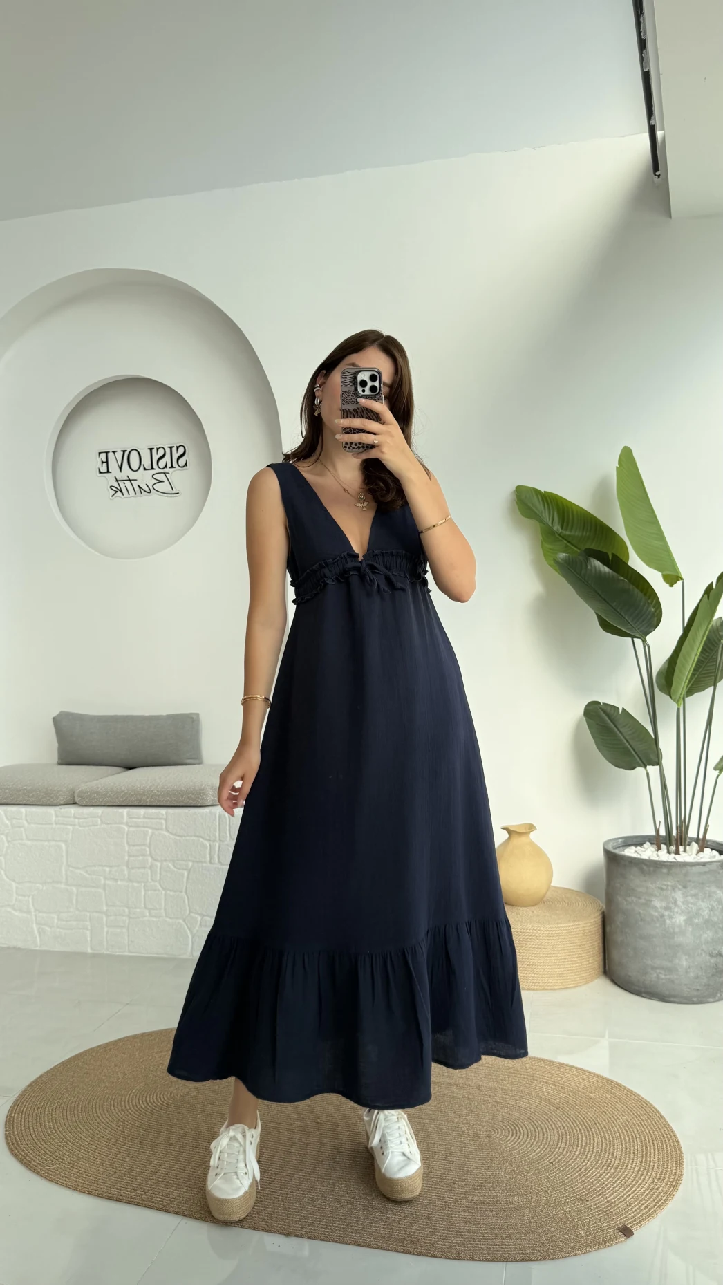 Hazel V Yaka Elbise - 3043 - Lacivert