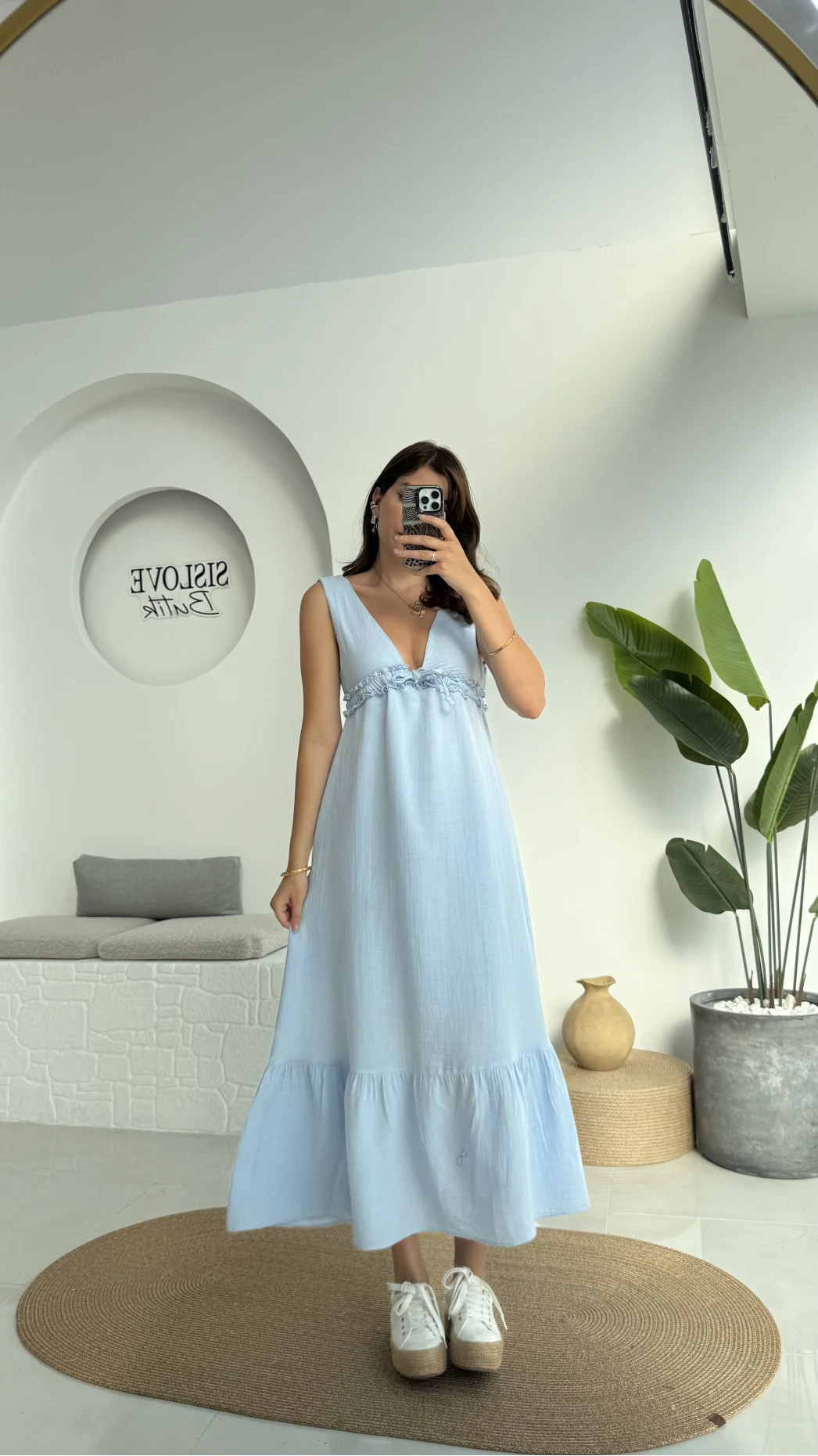 Hazel V Yaka Elbise - 3043 - Mavi