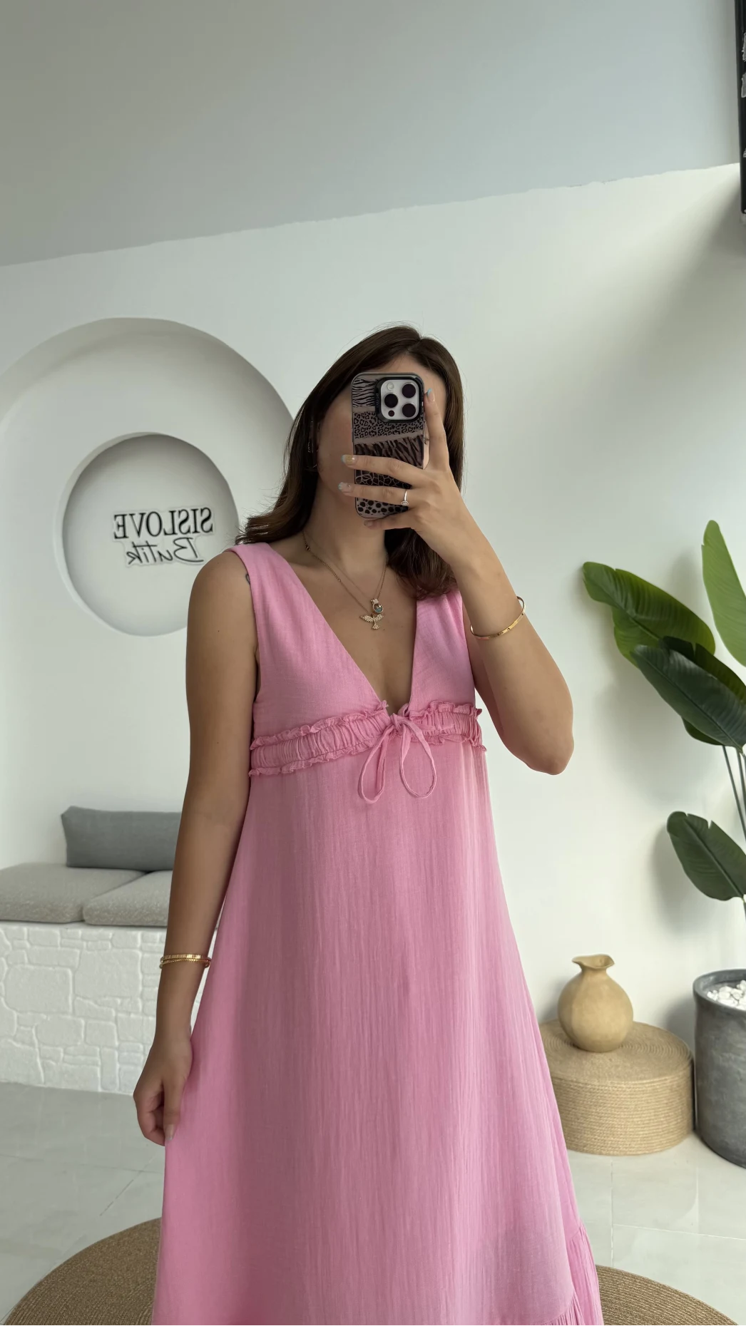 Hazel V Yaka Elbise - 3043 - Pembe