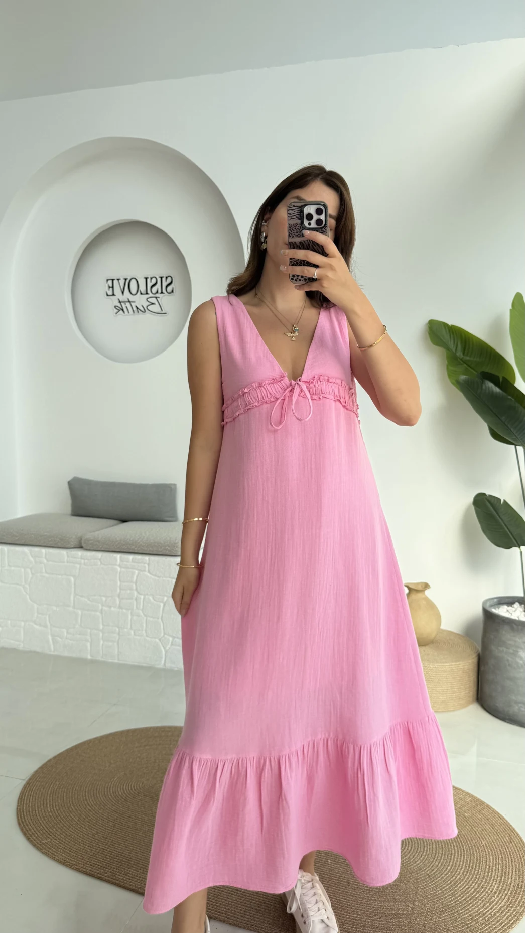 Hazel V Yaka Elbise - 3043 - Pembe