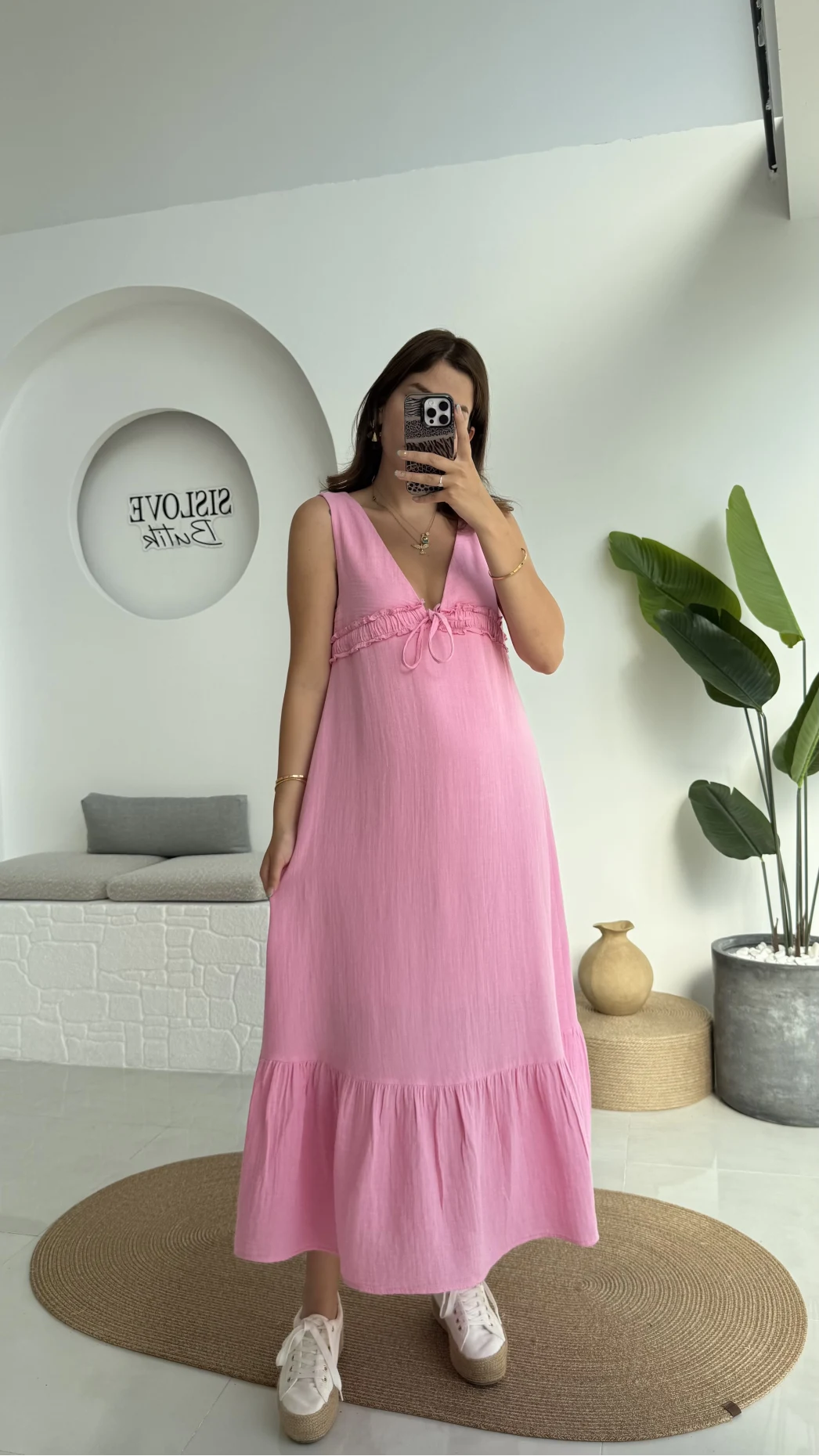 Hazel V Yaka Elbise - 3043 - Pembe