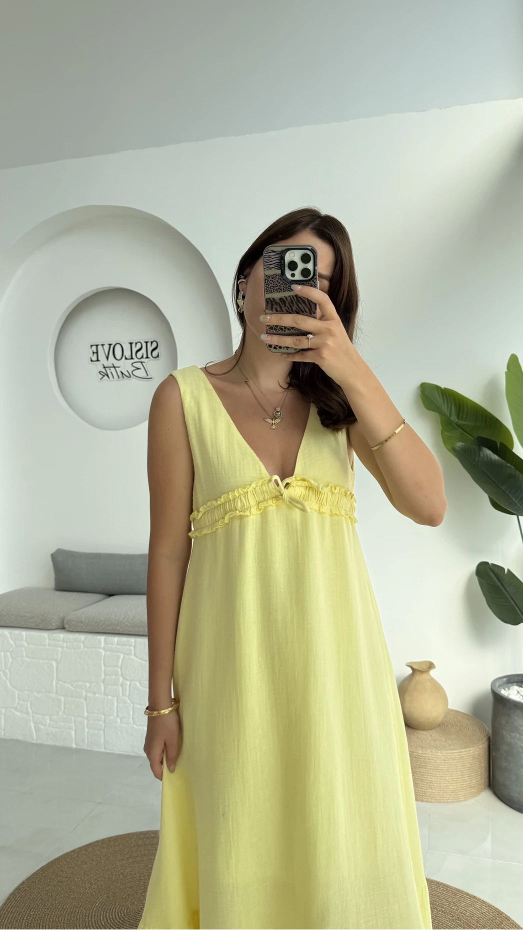 Hazel V Yaka Elbise - 3043 - Sarı