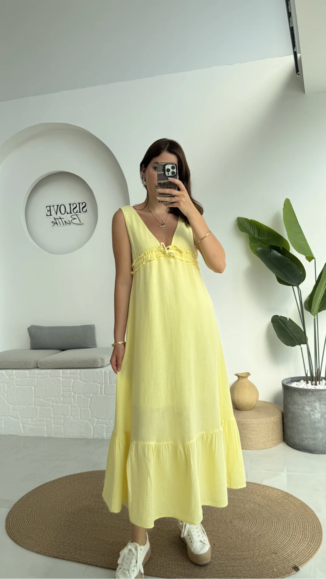 Hazel V Yaka Elbise - 3043 - Sarı