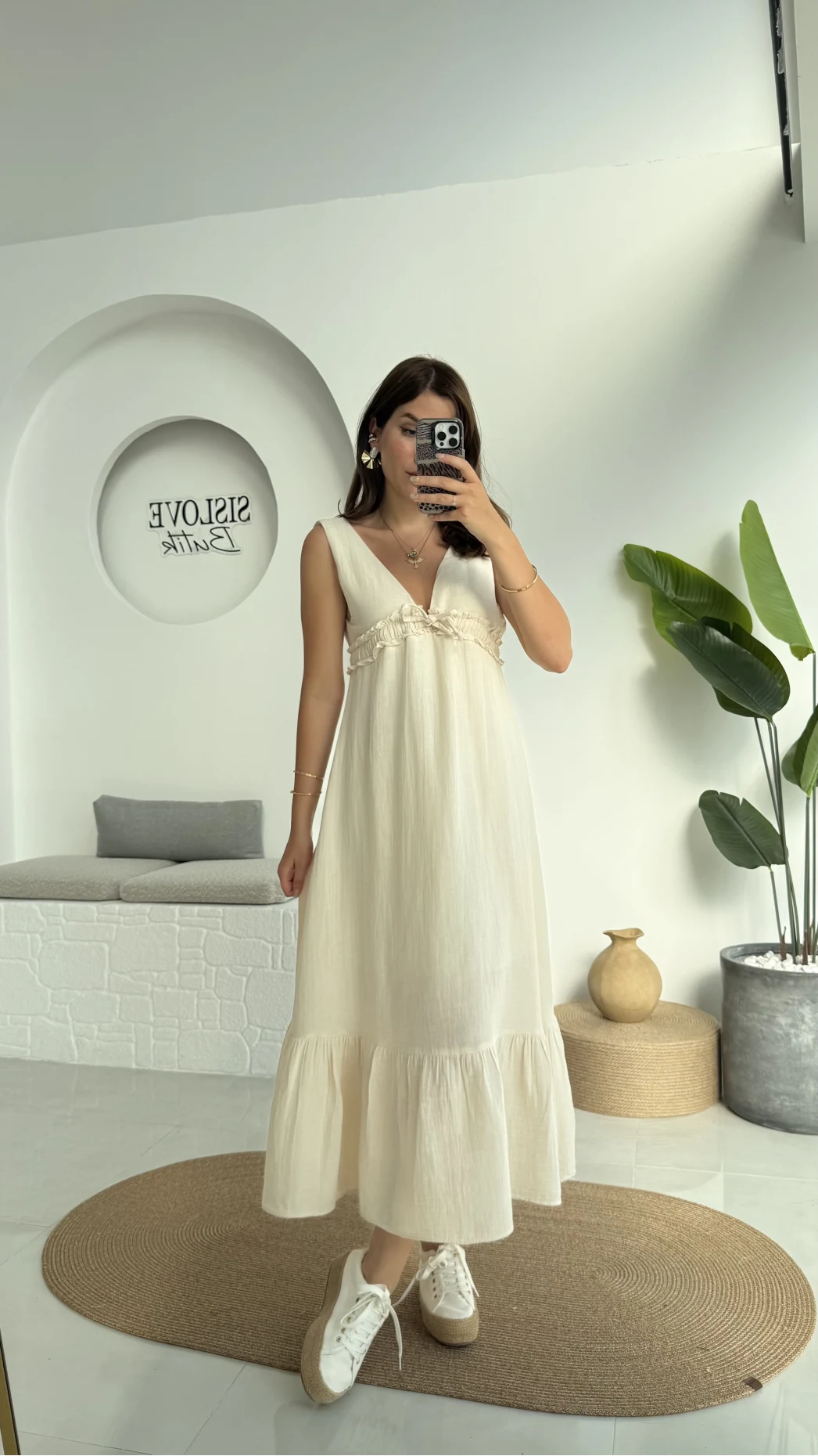 Hazel V Yaka Elbise - 3043 - Taş