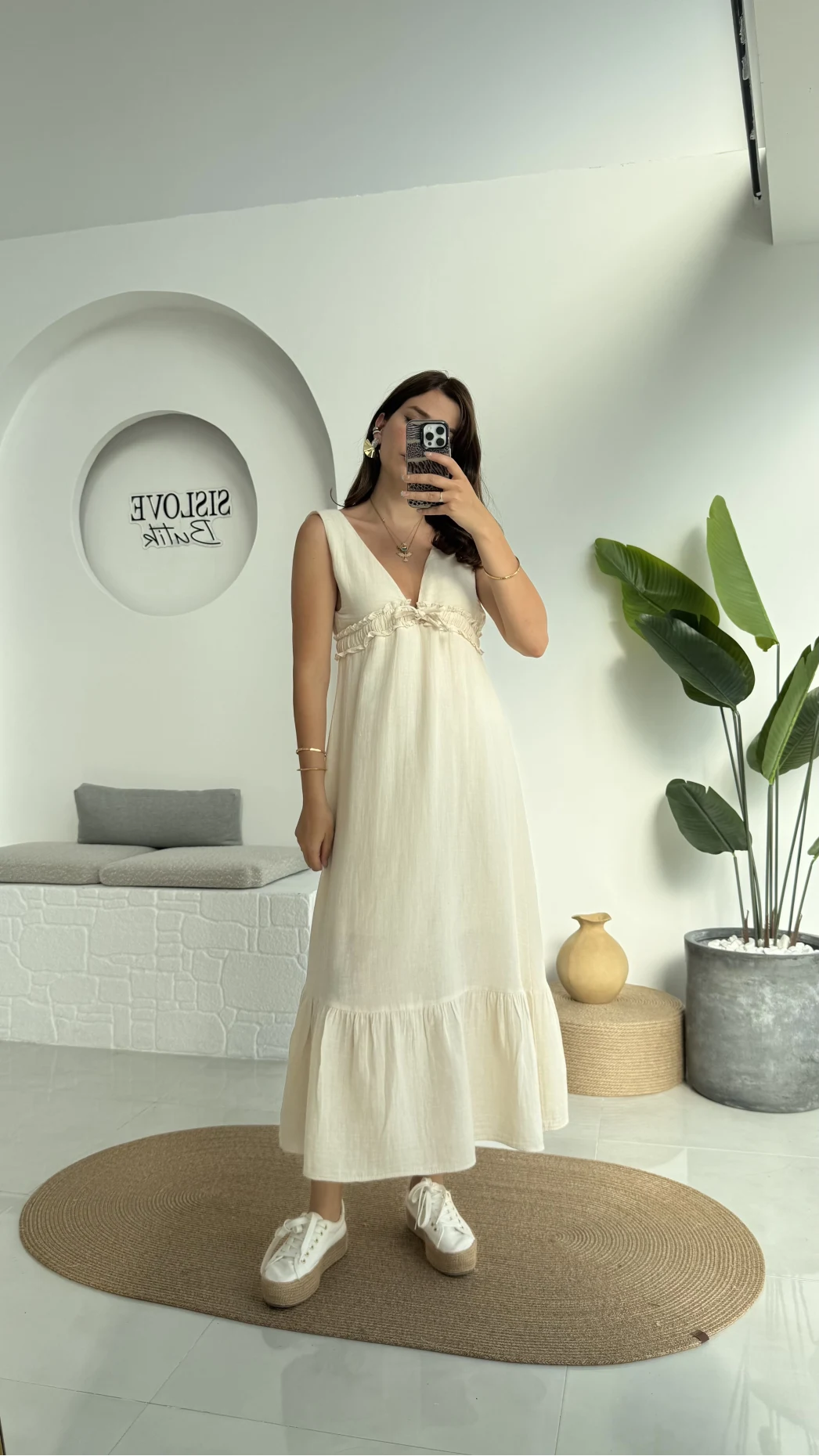 Hazel V Yaka Elbise - 3043 - Taş