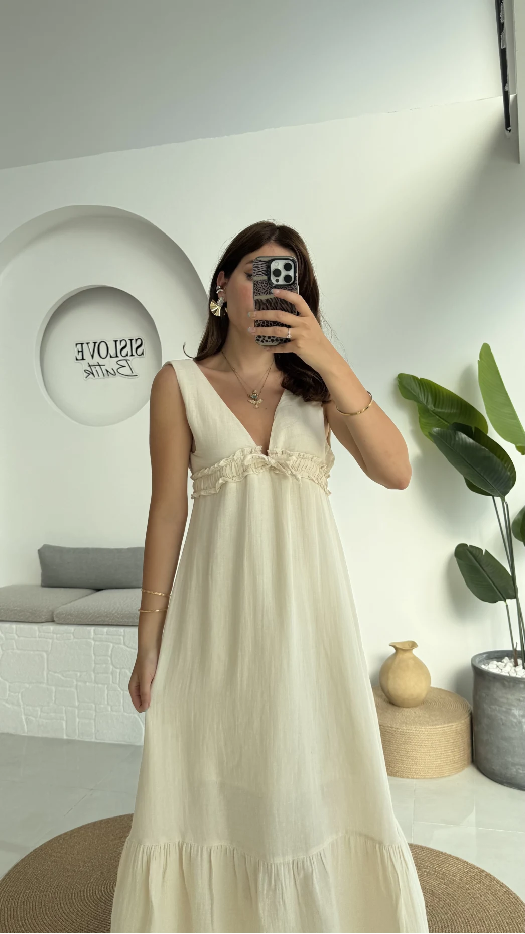 Hazel V Yaka Elbise - 3043 - Taş