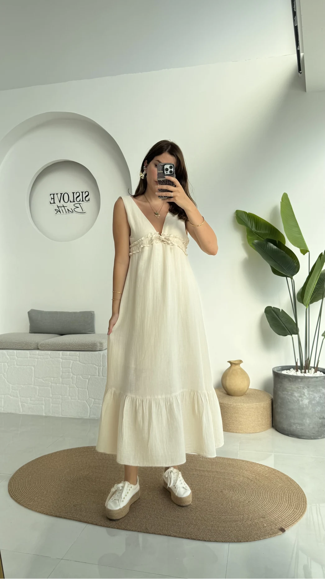 Hazel V Yaka Elbise - 3043 - Taş