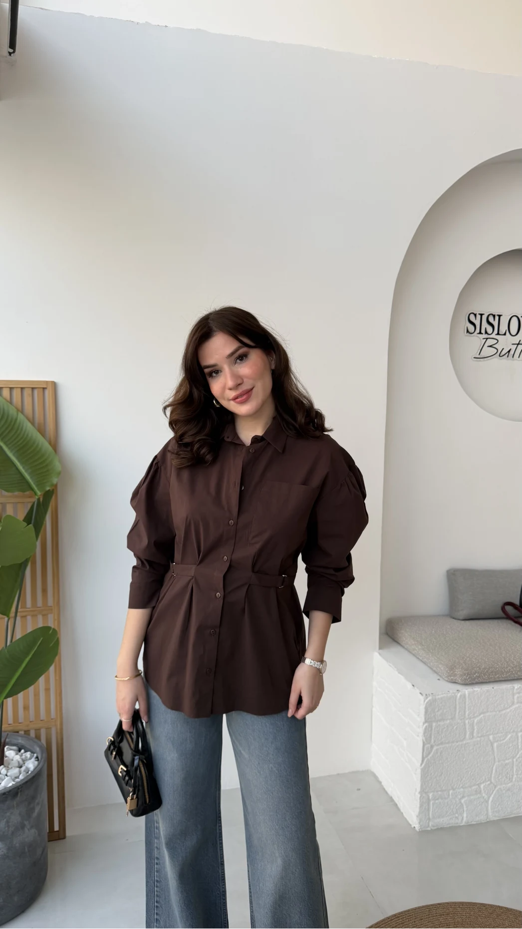 Heidi Bağlama Detay Gömlek - Acı Kahve - Kod: 5441