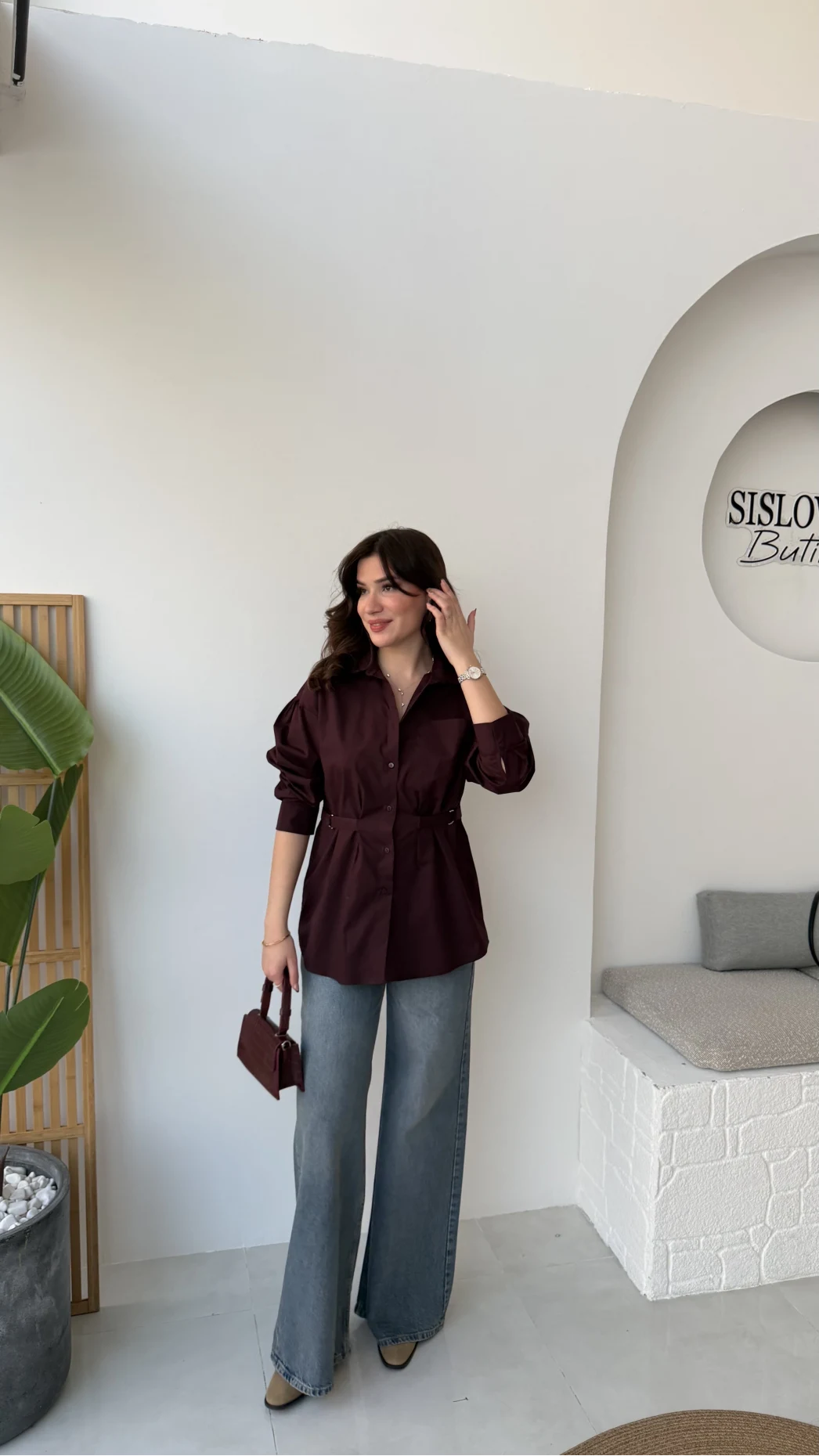 Heidi Bağlama Detay Gömlek - Mürdüm - Kod: 5441