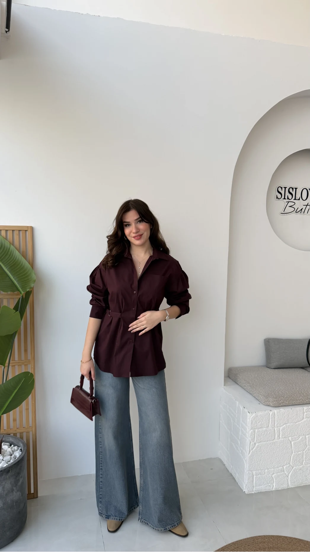 Heidi Bağlama Detay Gömlek - Mürdüm - Kod: 5441